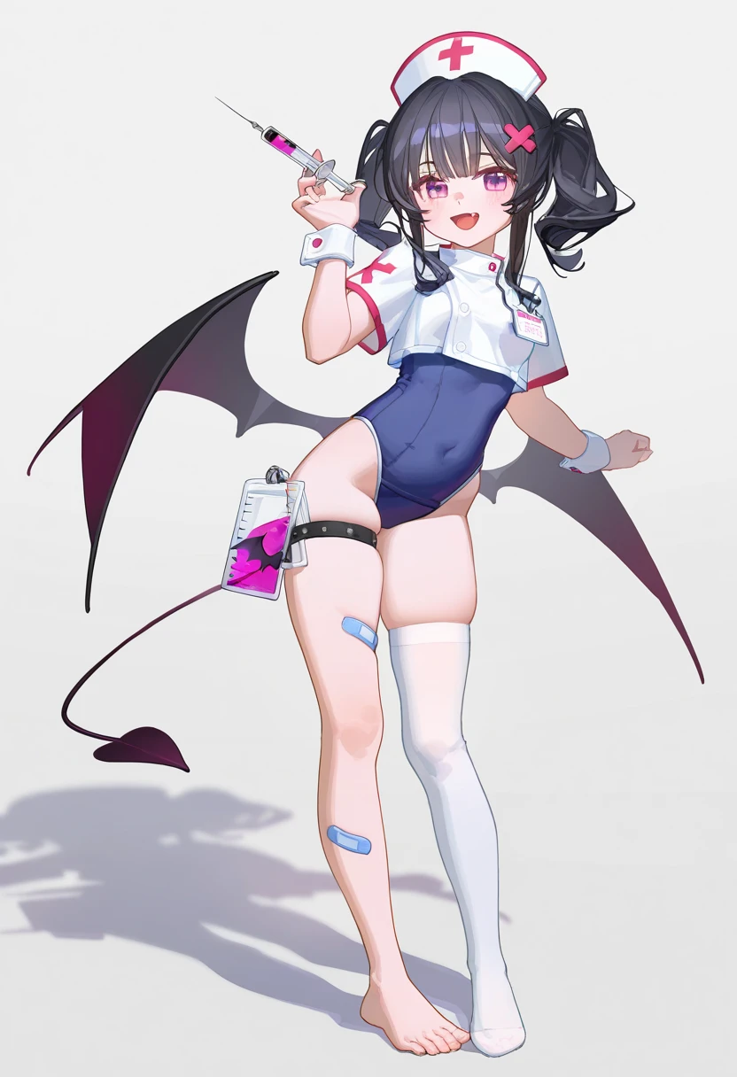 1girl,solo,thighhighs,wings,tail,holding,hat,twintails,syringe,demon tail,single thighhigh,swimsuit,full body,white thighhighs,hair ornament,one-piece swimsuit,looking at viewer,skindentation,barefoot,covered navel,nurse cap,white background,demon wings,simple background,nurse,short sleeves,breasts,school swimsuit,blue swinmsuit,bandaid on leg,open mouth,highleg,holding syringe,blush,white headwear,pink eyes,hand up,hairclip,standing,white shirt,brown hair,shirt,thigh strap,smile,low wings,shadow,x hair ornament,purple eyes,black hair,toes,small breasts,wrist cuffs,medium hair,thighs,demon girl,tongue,fang,, [artist:ningen_mame],artist:ciloranko,[artist:sho_(sho_lwlw)],[[tianliang duohe fangdongye]],[[artist:rhasta]],best quality,amazing quality,very aesthetic,absurdres,masterpiece,