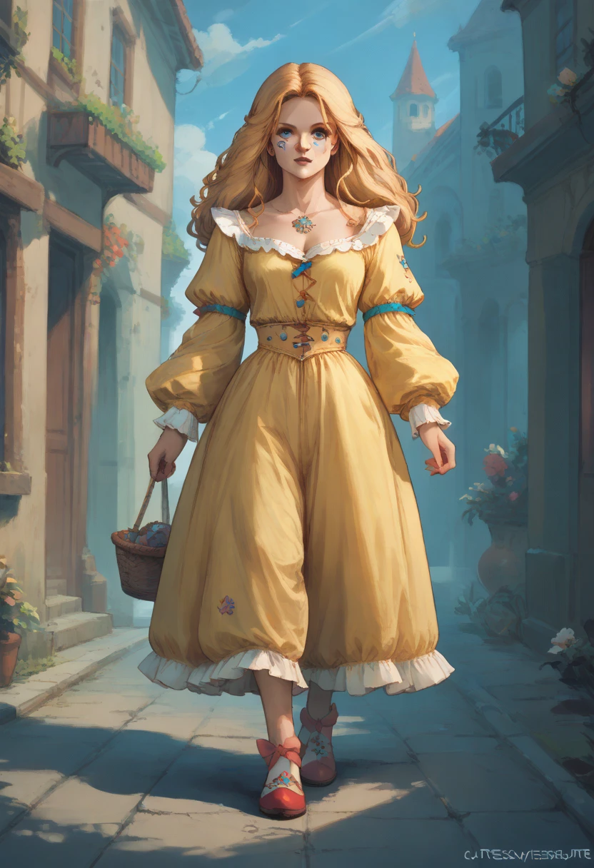 ((masterpiece, best quality))
 Witcher3Priscilla, 1girl, long hair, blonde hair, Walking as if wearing oversized clown shoes