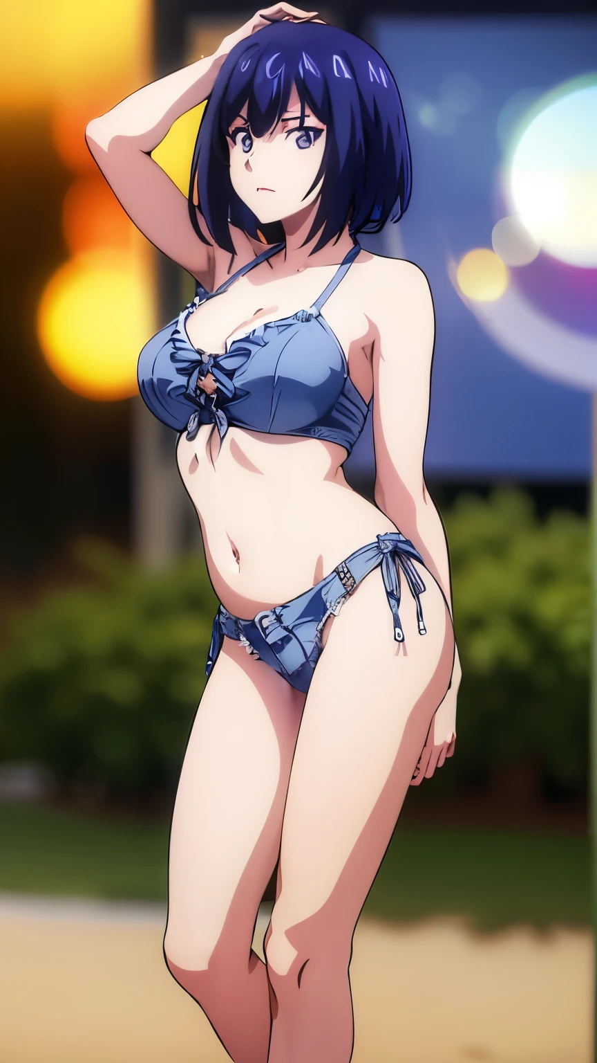 Simple background, dynamic pose, (denim, sling bikini top, thighs, beach), dutch angle,
Tachibana_SakuseiByoutouV2,
purple eyes, blue hair, bangs, short hair, makeup, red lipstick, (medium breasts),
1 girl, 20 year old, Young female, beautiful legs, beautiful body, beautiful nose, beautiful character design, perfect eyes, perfect face, expressive eyes, perfect balance, looking at viewer, (Focus on her face), (innocent_big_eyes:1.0),(Light_Smile:0.3),
official art, extremely detailed CG unity 8k wallpaper, perfect lighting, colorful, Bright_Front_face_Lighting, white skin,
(masterpiece:1.0), (best_quality:1.0), (anime coloring), ultra high res, 4K, ultra-detailed,
photography, 8K, HDR, highres, (absurdres:1.2), Kodak portra 400, film grain, blurry background, (bokeh:1.2), lens flare, (vibrant_color:1.2), professional photograph,
(beautiful_breasts:1.1), (beautiful_face:1.2),(narrow_waist),