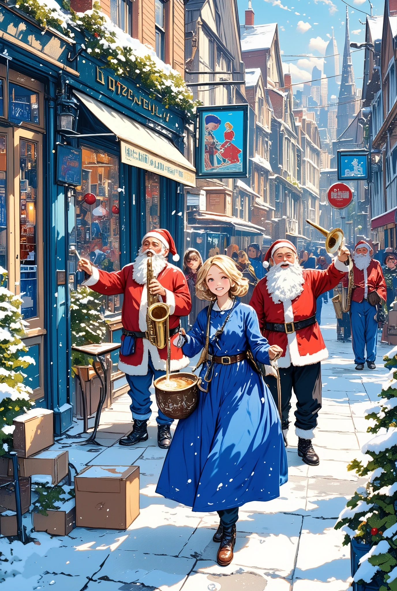 Group of street musicians dressed as Santa Claus playing music on the street, Jazzy and intense sound like Dizzy Gillespie, Europe, Apple Pie Scent, Yorkshire tea, Assosiation, dodger blue illustration, egyptian blue illustration, aroma, Universe, oriental blue illustration, for you, Christmas illustration, ultramarine illustration, beautiful lady, Stylish scenery and view, Illustration with cornflower blue as the main color, Bristol, Xmas illustration, village, royal blue illustration