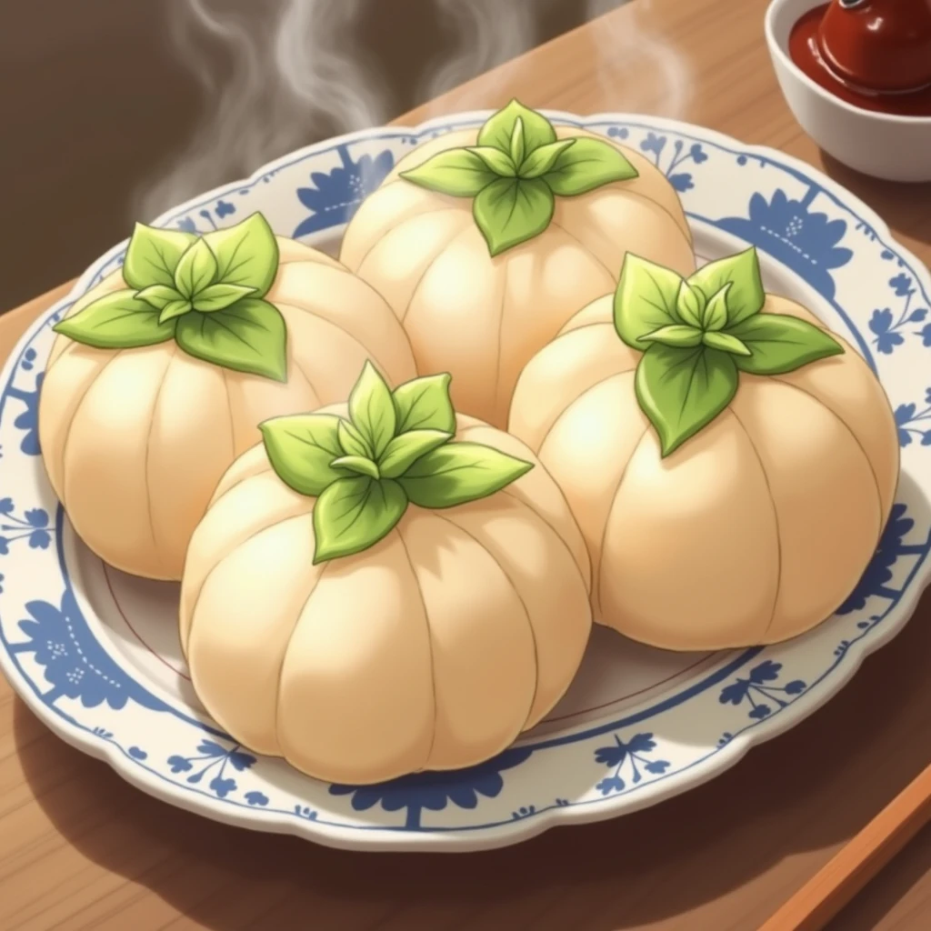 (masterpiece, top quality, very detailed depiction, Incredible Hi-Res,High quality anime images),White Radish Shaped Bun , looks delicious, steam , Green Leaves 