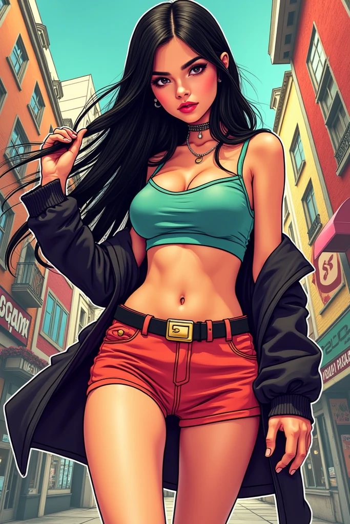 Sexy woman, dark hair, white crop top, cleavage, Bluejeans, in the streets