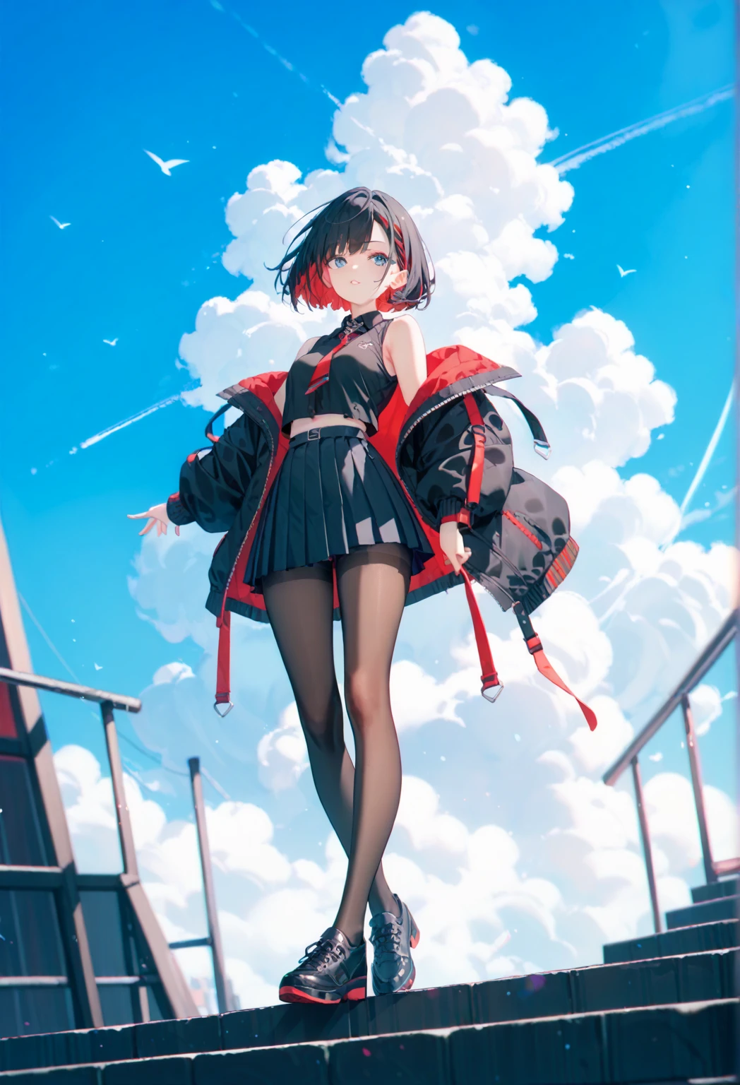 (child)，（​masterpiece，Highest Quality），（denim zip up dress:1.4），pencil skirts，shortsleeves，A dark-haired,Black tights
