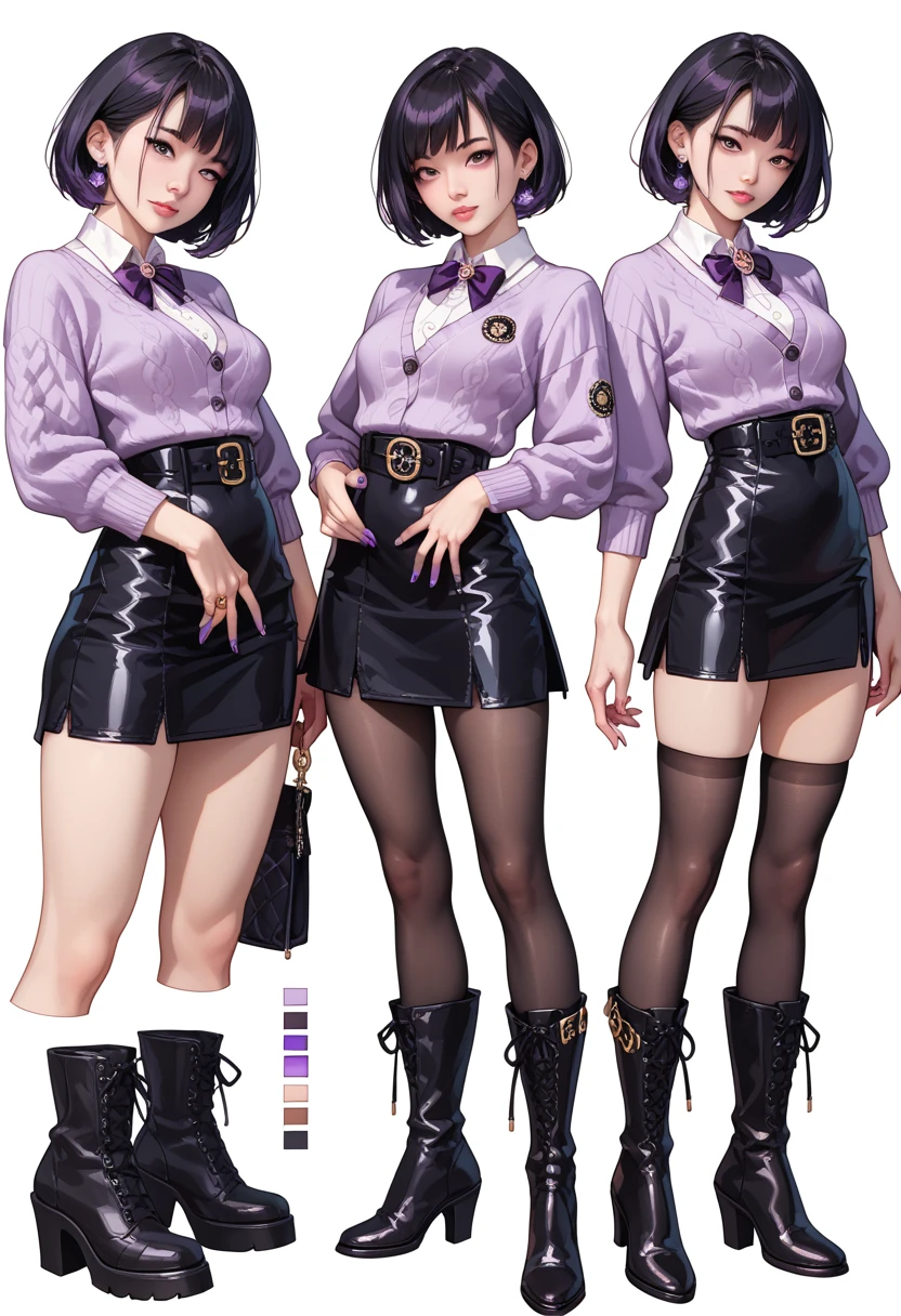 (( masterpiece fails,   highest quality )),   detailed face,   character design  ,   full height,   1girl,  Asian appearance, dark eyes ,   black hair ,   short hair , ((  short hair  )), (   tight black dress, Mini-skirt, lots of belts, lavender cardigan ,  black stocking,   black boots, gold and amethyst theme  ,   pale skin vomited,  full of details   ,  Lots of poses and expressions  ,   very detailed  , depth, many parts