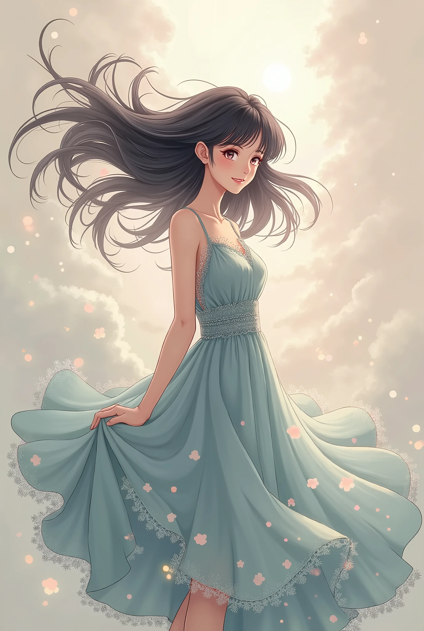  black hair, Gentle temperament,  smile dress,  anime style 