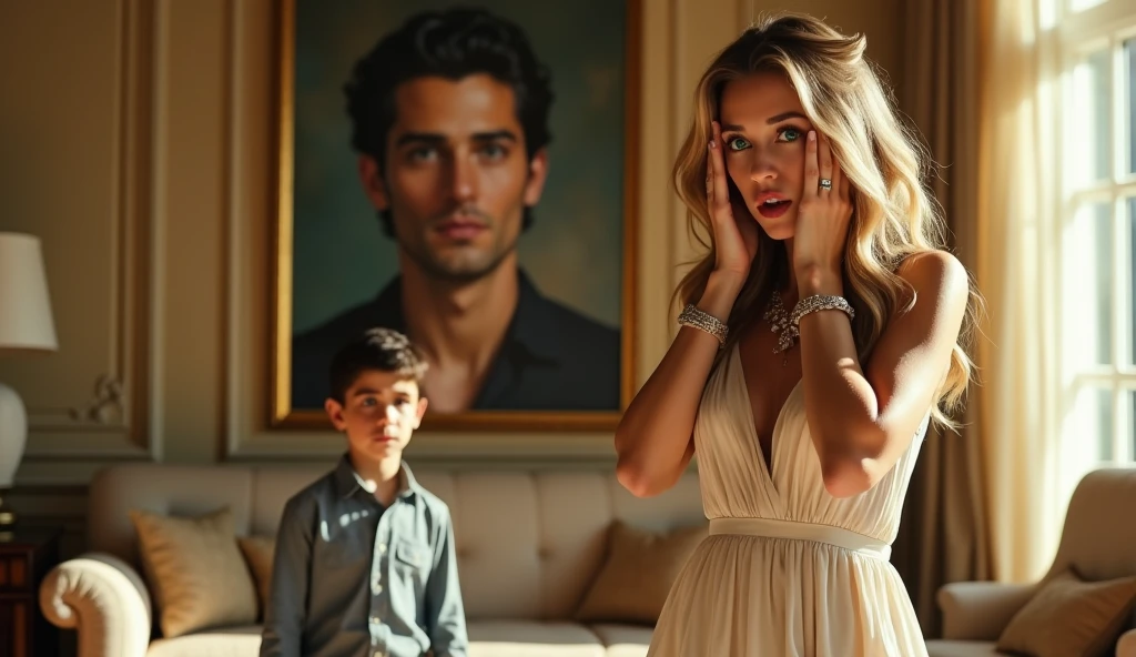 A girl in white ball dress, a handsome aloof man in a suit, his face is 3/4 facing the camera, his hand is resting on the girl's head lovingly, background, 4k, vivid, luxurious mansion, they are sitting on the couch, digital art, semi realistic,