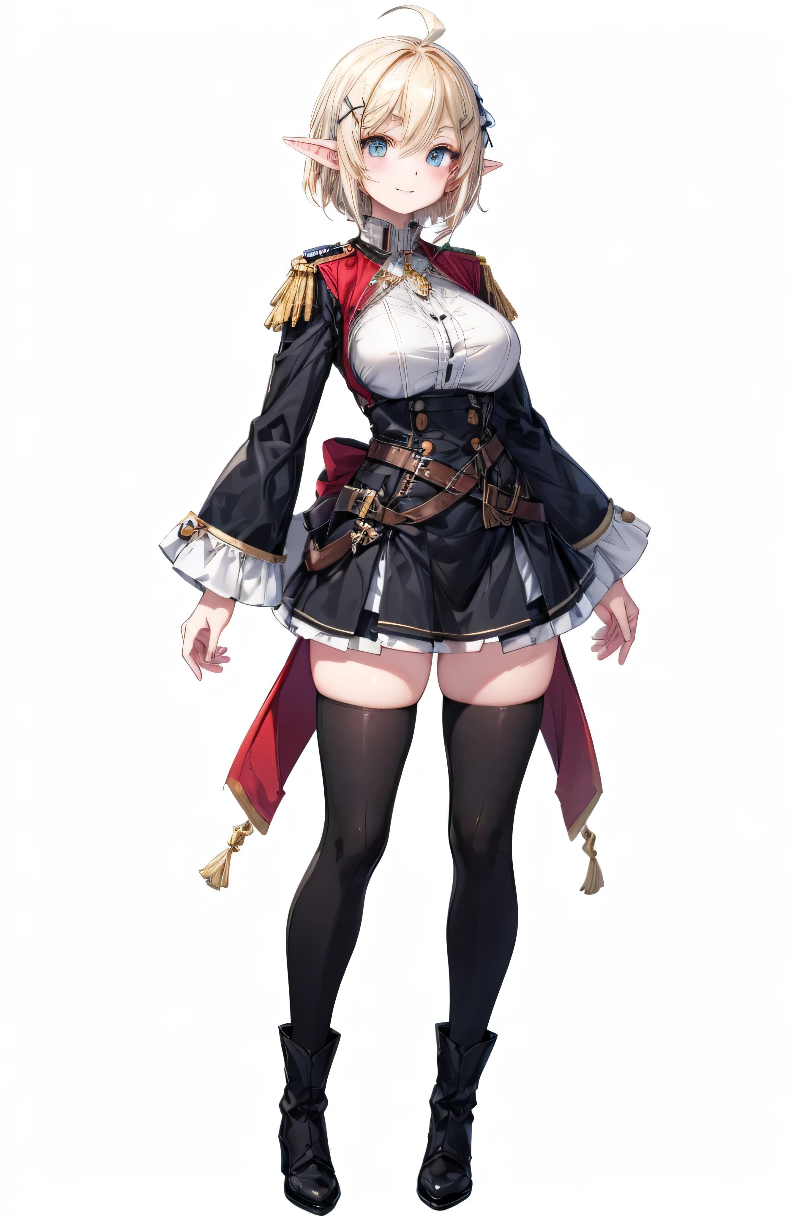 masterpiece,  top quality,(( 1 elf woman, Slender,Tall,adult, standing straight , full body image )),Droopy eyes,Perfect dark blue eyes , (( blonde short hair)),ahoge,(((A thick X shaped hairpin is attached to the bangs))),huge breast, black knee-high boots ,((black luxury tights,black gothic skirt,black long sleeve military uniform )),(((( no background )))), sharp eyebrows , white skin,smile,  I don't have anything in my hands ,