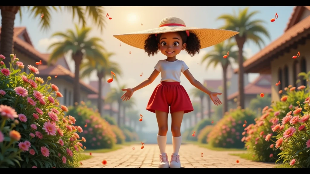 A girl dances gracefully as if performing a waltz in red shorts along a bright path surrounded by lush gardens of vibrant flowers. The path is lined with positive and uplifting words such as “Life”, “Celebrate” and “Thank You”, which seem to grow from the ground like enchanted plants. Countless musical notes float and dance in the air, filling the scene with an atmosphere of joy and magic. Alice’s footsteps leave a trail of brilliant light, transforming the space around her into a magical spectacle.