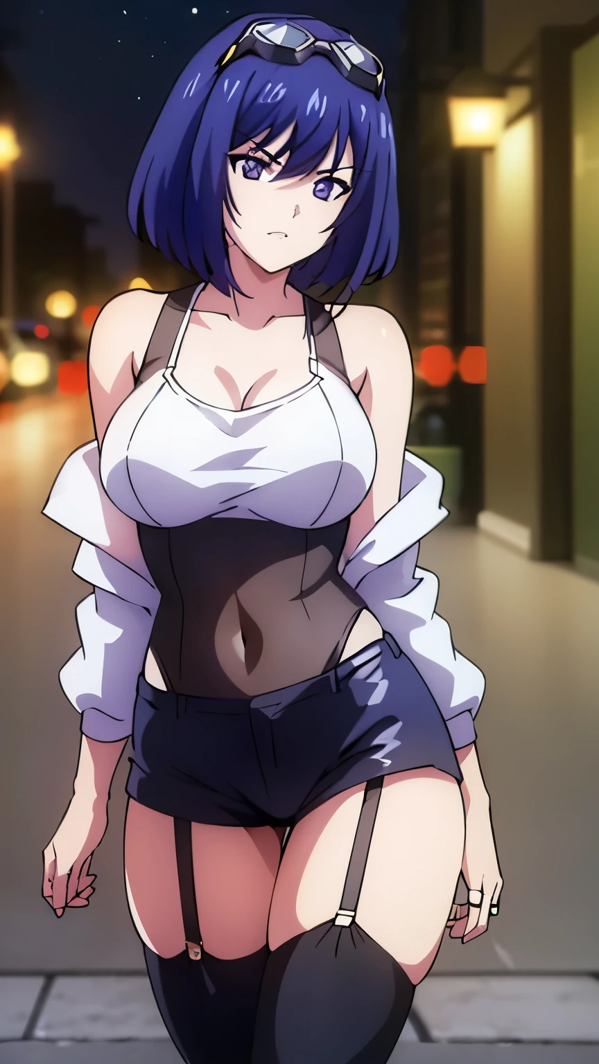 (cyber punk black jacket, white tank top, goggles on head, navel, off shoulder, open jacket, black shorts, garter rings, white tights, thighs, street corner, night, neon), (dutch angle:1.3), sexy pose, 
Tachibana_SakuseiByoutouV2,
purple eyes, blue hair, bangs, short hair, makeup, red lipstick, (medium breasts),
1 girl, 20 year old, Young female, beautiful legs, beautiful body, beautiful nose, beautiful character design, perfect eyes, perfect face, expressive eyes, perfect balance, looking at viewer, (Focus on her face), (innocent_big_eyes:1.0),(Light_Smile:0.3),
official art, extremely detailed CG unity 8k wallpaper, perfect lighting, colorful, Bright_Front_face_Lighting, white skin,
(masterpiece:1.0), (best_quality:1.0), (anime coloring), ultra high res, 4K, ultra-detailed,
photography, 8K, HDR, highres, (absurdres:1.2), Kodak portra 400, film grain, blurry background, (bokeh:1.2), lens flare, (vibrant_color:1.2), professional photograph,
(beautiful_breasts:1.1), (beautiful_face:1.2),(narrow_waist),