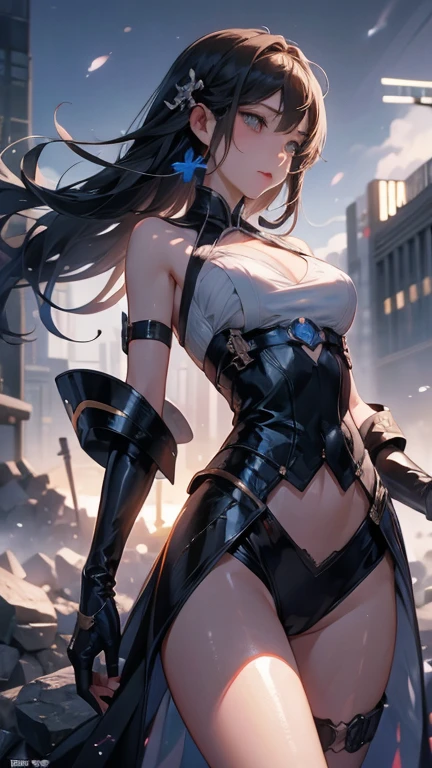 Please follow the all prompts below exactly and faithfully, This is a ultra masterpiece of the most In a breathtakingly beautiful digital illustrations in the highest quality with maximum resolution, UHD, 512K, 2160p, 10 million ppi, 300 million dpi, natural tones, created with ultra-clear details, the highest realistic skin and hair texture, the most beautiful detailed eye features, a perfect anatomically correct human body, a beautiful background with depth, the rule of thirds, depth of field, and the best and most beautiful natural lighting, 1woman, 25years old, sexy, beautiful face, elegant mature woman, Ultimate beauty of all time:1.5, Ultimate attractive face that combines sexiness and eroticism:1.5, solo:1.3, light light brown hair, pony tail, (eyes visible through hair:1.3), glossy very thick lips:1.3, pink lipstick:1.0, sexy smile:1.5, lively cyberpunk warrior outfit, no head covering, wielding a high-tech weapon, energetic pose, bright shades, detailed patterns, high-tech robes, urban influence, contemporary twist, light armor, sleek appearance, graceful, powerful, nimble, knee-high boots, arm guards, utility belt, glowing accents, breathable, adaptable,