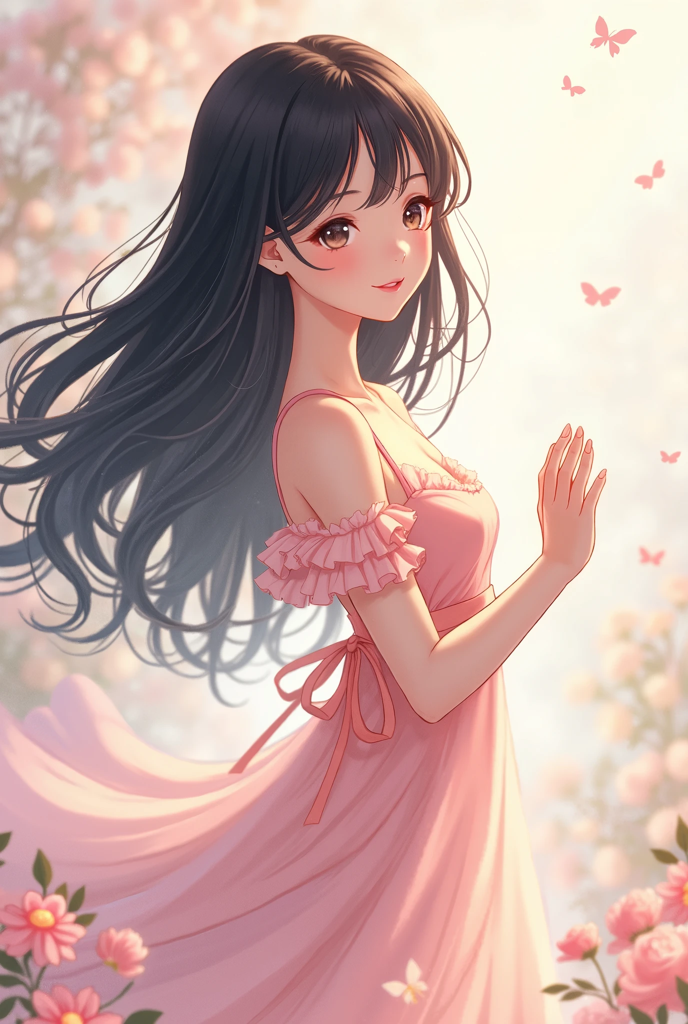  black hair, Gentle temperament,  smile dress,  anime style 