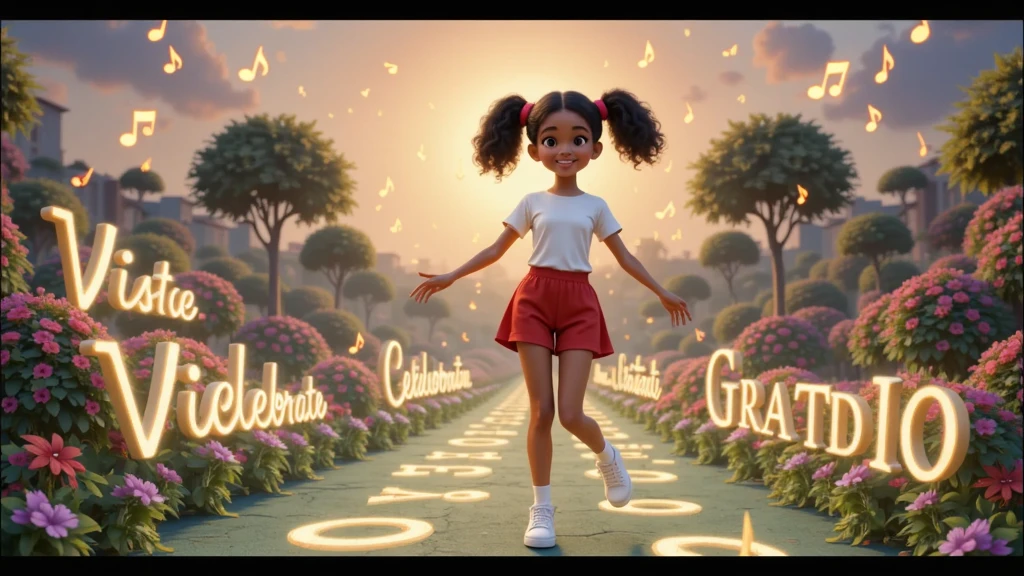 A girl dances gracefully as if performing a waltz in red shorts along a bright path surrounded by lush gardens of vibrant flowers. The path is lined with positive and uplifting words such as “Life”, “Celebrate” and “Thank You”, which seem to grow from the ground like enchanted plants. Countless musical notes float and dance in the air, filling the scene with an atmosphere of joy and magic. Alice’s footsteps leave a trail of brilliant light, transforming the space around her into a magical spectacle.