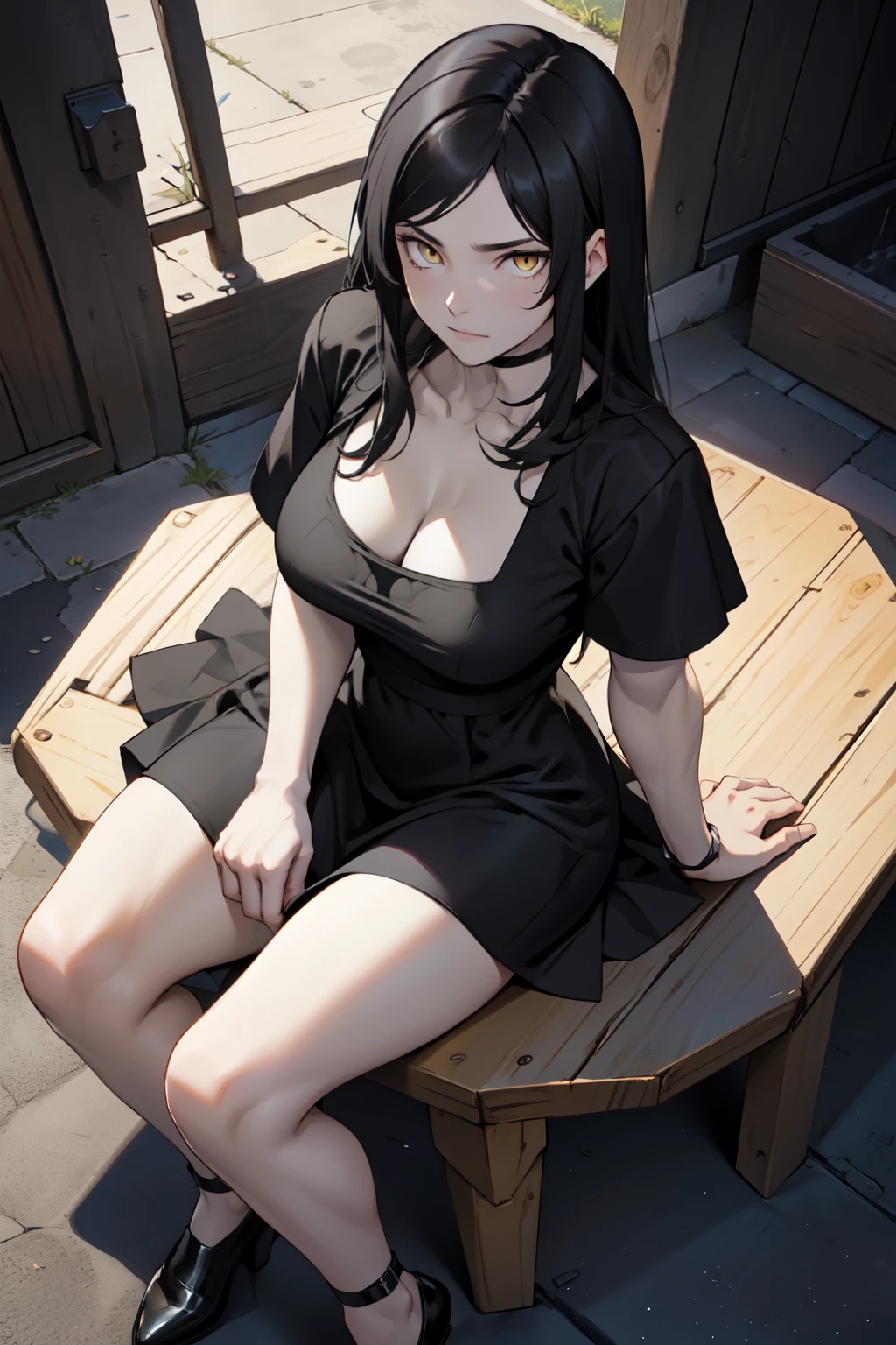 Detailed facial details，16 years old，1 girl，Red lips，Cat ear，Black long hair，Wearing a black shirt，Large Breasts，Slim，Collar，Radiant Skin，Sitting on the grass，garden
