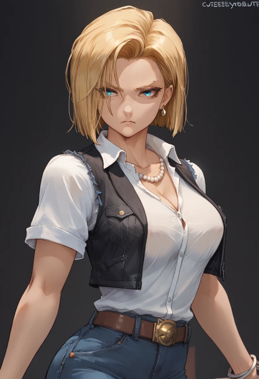 （（（perfect figure，figure，Alone， （（（belt, jeans, pearl_necklace, bracelet, black gloves, white shirt,short sleeves, earrings, blue pants, open vest, black vest,））），（（（and18, Android 18, blonde hair, blue eyes,  short hair, ））），((masterpiece)),high resolution, ((Best quality at best))，masterpiece，quality，Best quality，（（（ Exquisite facial features，Looking at the audience,There is light in the eyes，(（（angry，serious））)，））），型figure:1.7））），（（（Light and shadow，Huge breasts））），（（（Looking at the camera，black background）））