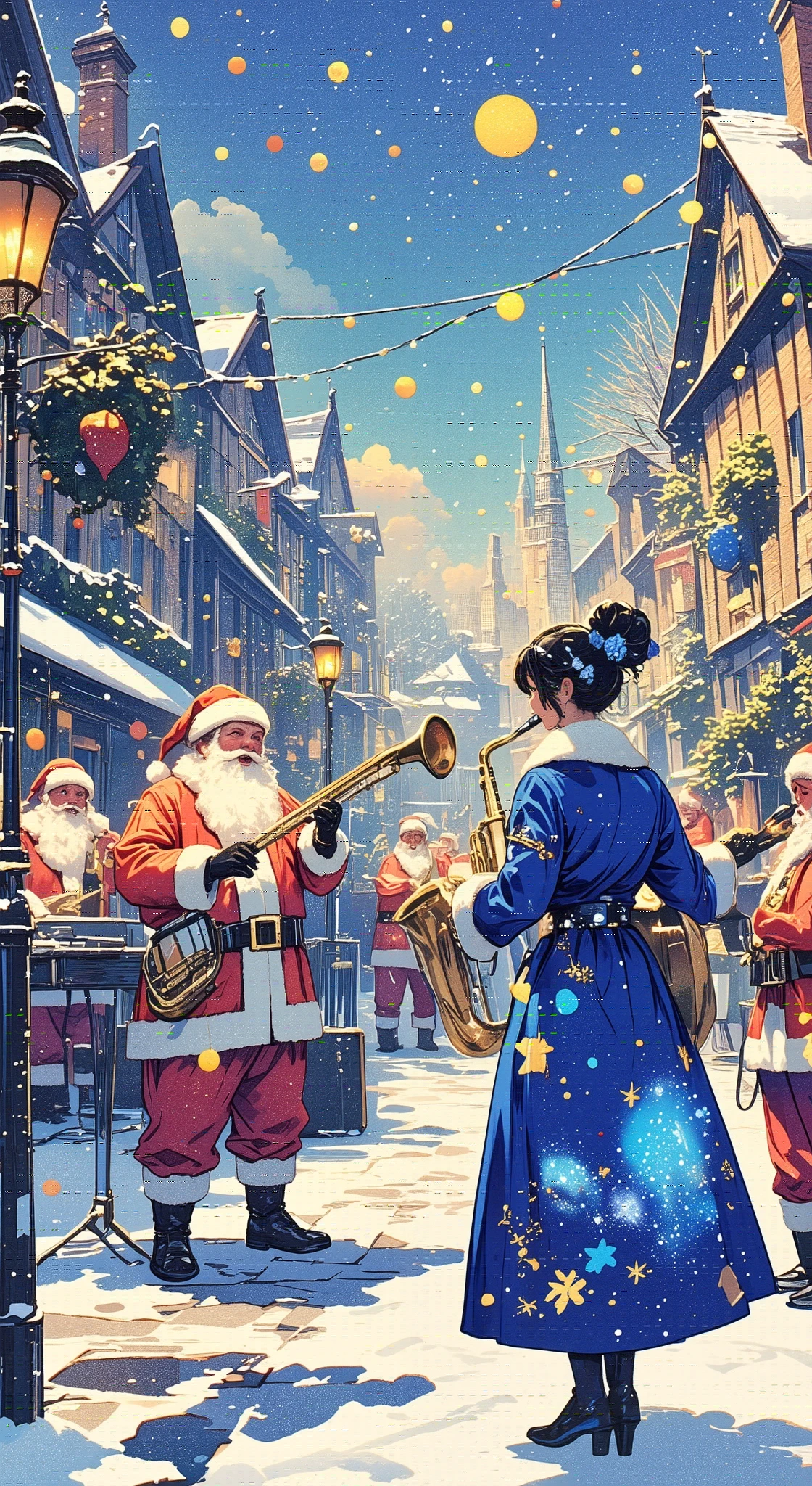 Group of street musicians dressed as Santa Claus playing music on the street, Jazzy and intense sound like Dizzy Gillespie, Europe, Apple Pie Scent, Yorkshire tea, Assosiation, dodger blue illustration, egyptian blue illustration, aroma, Universe, oriental blue illustration, for you, Christmas illustration, ultramarine illustration, beautiful lady, Stylish scenery and view, Illustration with cornflower blue as the main color, Bristol, Xmas illustration, village, royal blue illustration