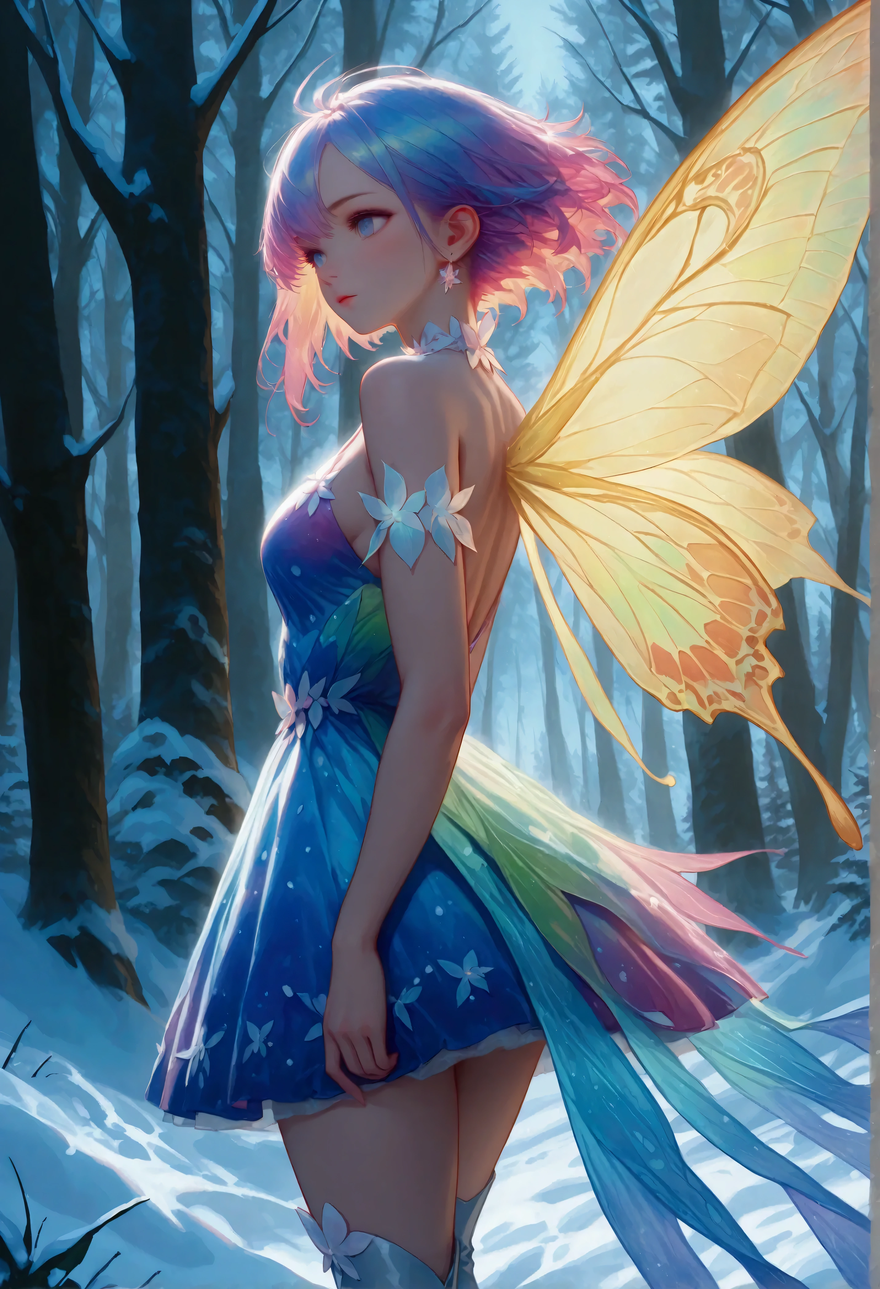 score_9, score_8_up, score_7_up, score_6_up, score_5_up, score_4_up, watercolor art of a most beautiful fairy playing in the snow, full body shot,  a beautiful fairy, spread butterfly wings, dynamic hair color, dynamic hair style, busty, wearing colorful silk dress, intricate silk, wearing high heels boots, she is playing the snow, fresh snow in the forest, high snow, High Detail, Ultra High Quality, High Resolution, 16K Resolution, Ultra HD Pictures, Ultra Realistic, Clear Details, Realistic Detail, Ultra High Definition, Cinematic Shot