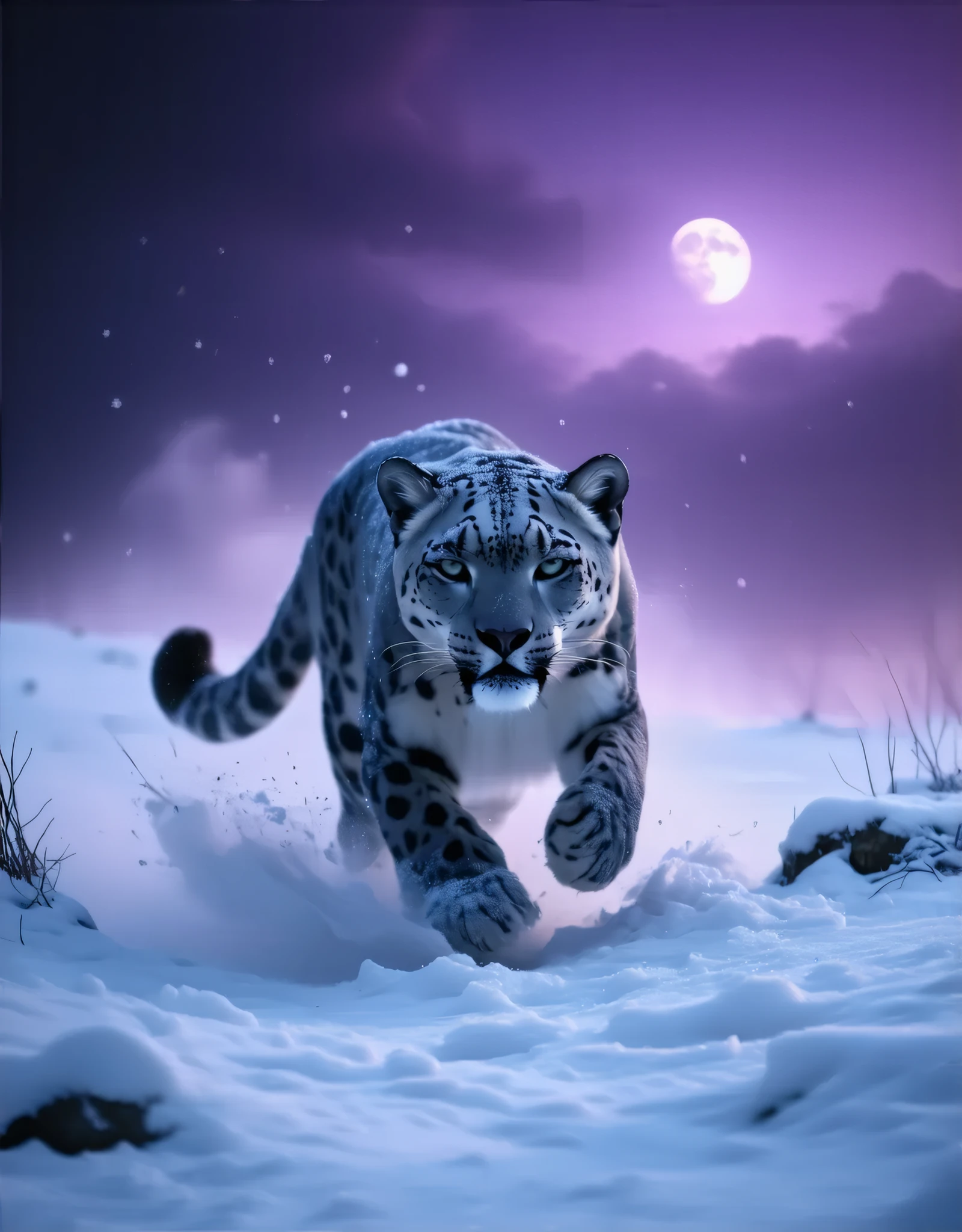 (8k, top quality, Masterpiece , Final Fantasy Style: 1.2),Atmospheric perspective, 8K, Very detailed, A snowy field on a quiet night, A snowy field at a quiet night, a snow leopard wearing pure white winter fur, A snow leopard furiously leaping towards its prey, keen eyes, dynamic, ferocious, murderous, Moonlit night, clear air, night fog, sparkling ice particles in the air, , The sky turns eerily purple