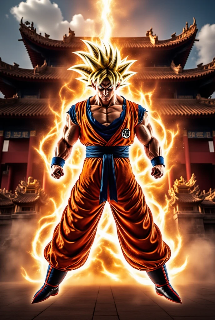 Son Goku with bright blond hair. His body glows of energy. He is ready to fight in a chinese temple 