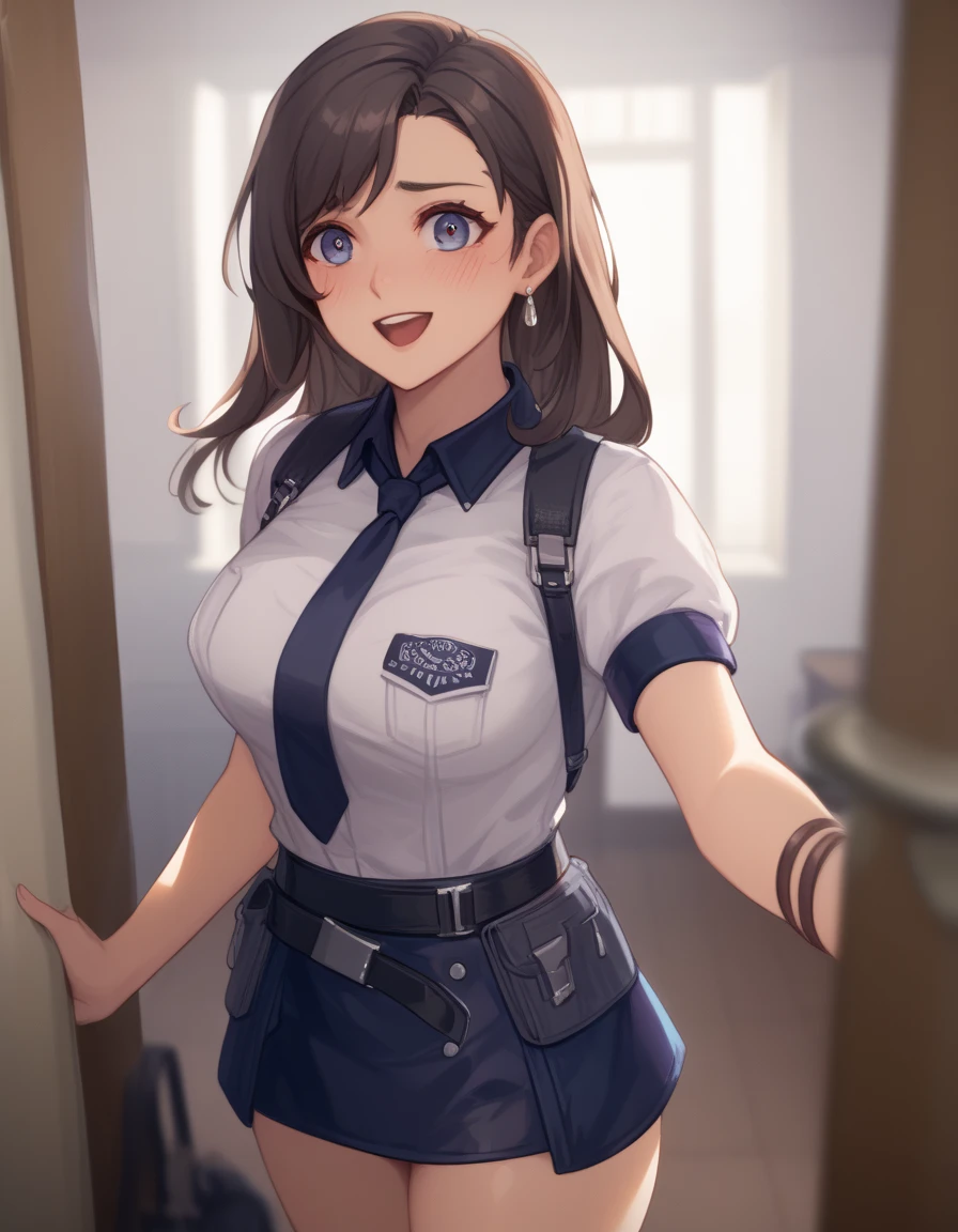 1lady solo, sitting, office worker, ((navy vest:1.1) over gray sleeveless dress shirt), mature female, /(dark brown hair/), kind smile, (masterpiece best quality:1.2) delicate illustration ultra-detailed, large breasts, bowtie BREAK (modern office) indoors, (reception desk), (stylish company logo on wall) , detailed background, ((showing hairy armpit hair))
