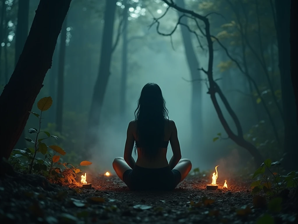 A mystical girl meditating on a stone in a forest around her and some lights around her