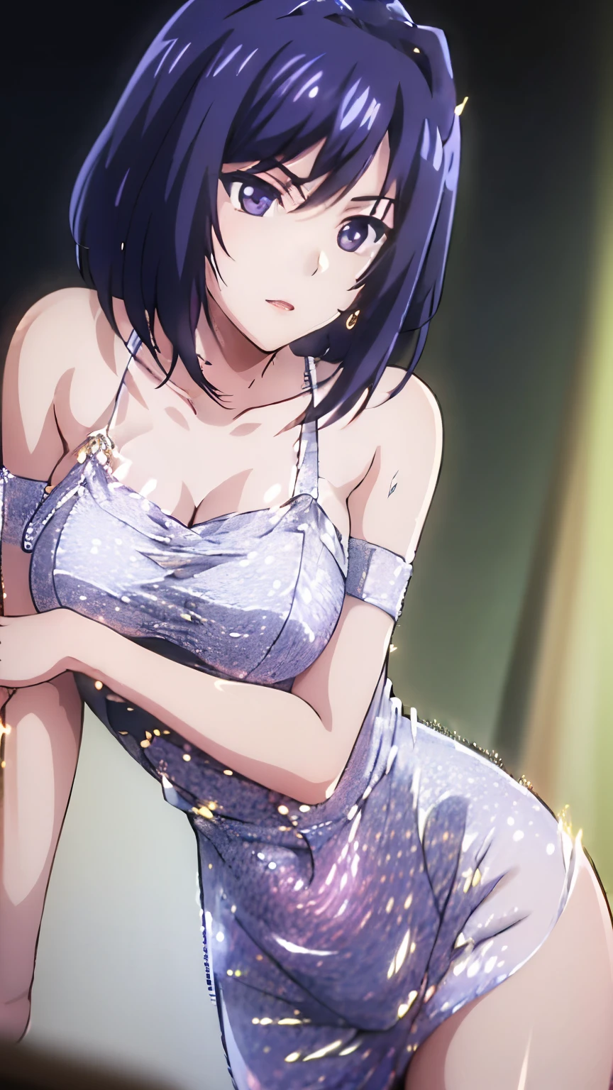 (shiny dress, collarbone, earrings, hotel), (dutch angle:1.3), sexy pose, 
Tachibana_SakuseiByoutouV2,
purple eyes, blue hair, bangs, short hair, makeup, red lipstick, (medium breasts),
1 girl, 20 year old, Young female, beautiful legs, beautiful body, beautiful nose, beautiful character design, perfect eyes, perfect face, expressive eyes, perfect balance, looking at viewer, (Focus on her face), (innocent_big_eyes:1.0),(Light_Smile:0.3),
official art, extremely detailed CG unity 8k wallpaper, perfect lighting, colorful, Bright_Front_face_Lighting, white skin,
(masterpiece:1.0), (best_quality:1.0), (anime coloring), ultra high res, 4K, ultra-detailed,
photography, 8K, HDR, highres, (absurdres:1.2), Kodak portra 400, film grain, blurry background, (bokeh:1.2), lens flare, (vibrant_color:1.2), professional photograph,
(beautiful_breasts:1.1), (beautiful_face:1.2),(narrow_waist),