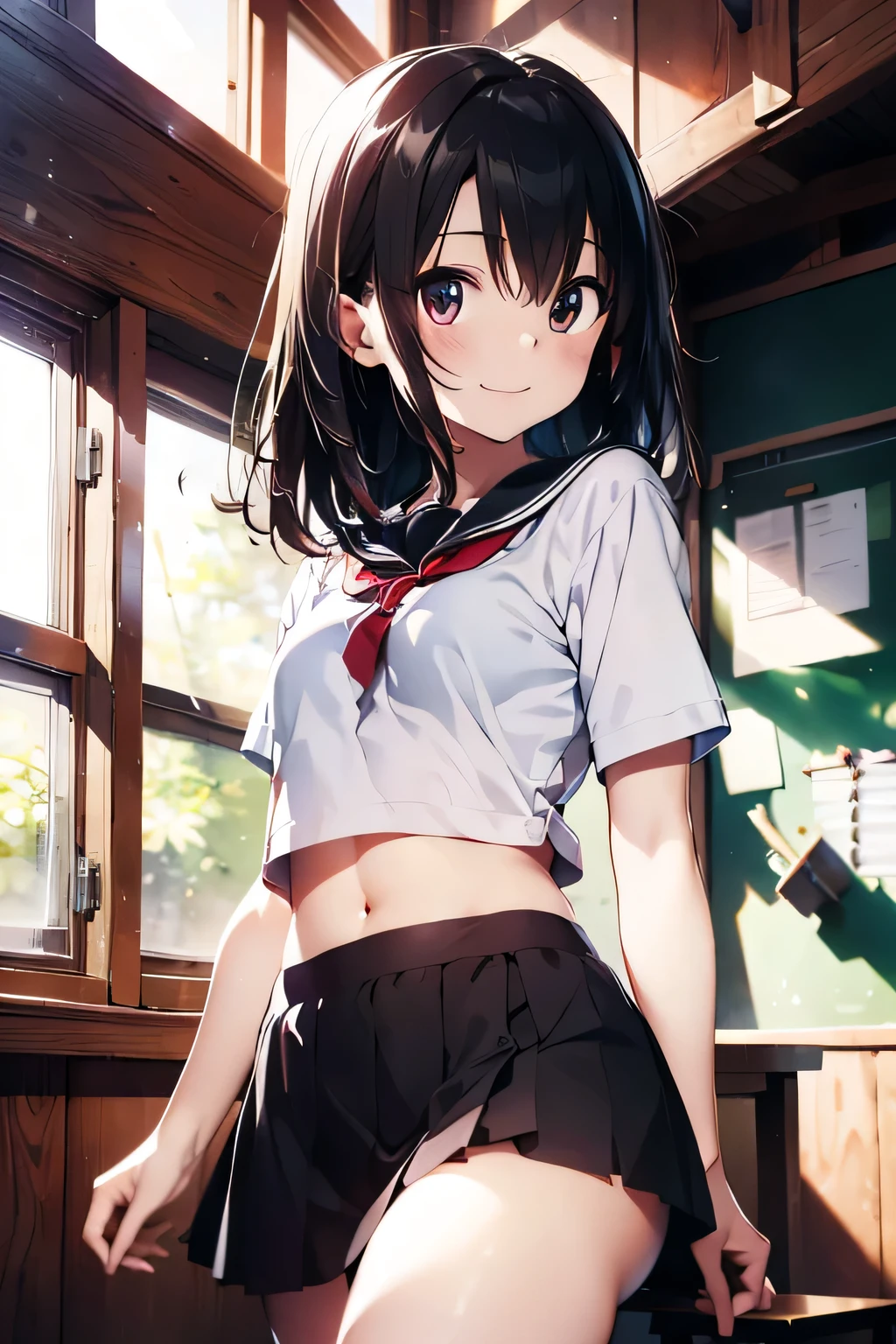 (extremely high quality artwork), (extremely detailed CG 8k), (masterpiece) ,(extremely cute girl), short, (innocent face), ((innocent smile)), shiny hair, (slim body), small breasts, ((beautiful detailed eyes)), brown eyes, (clear eyes), (eyes with brightness), correct finger shape, correct number of fingers, look at viewer, (school uniform), (short skirt), (sagging skirt), midriff peek, navel-baring, (thighs), beautiful skin, pale skin, shiny skin, (bright color), vibrant colors, uninhabited forest, natural light, (glare),