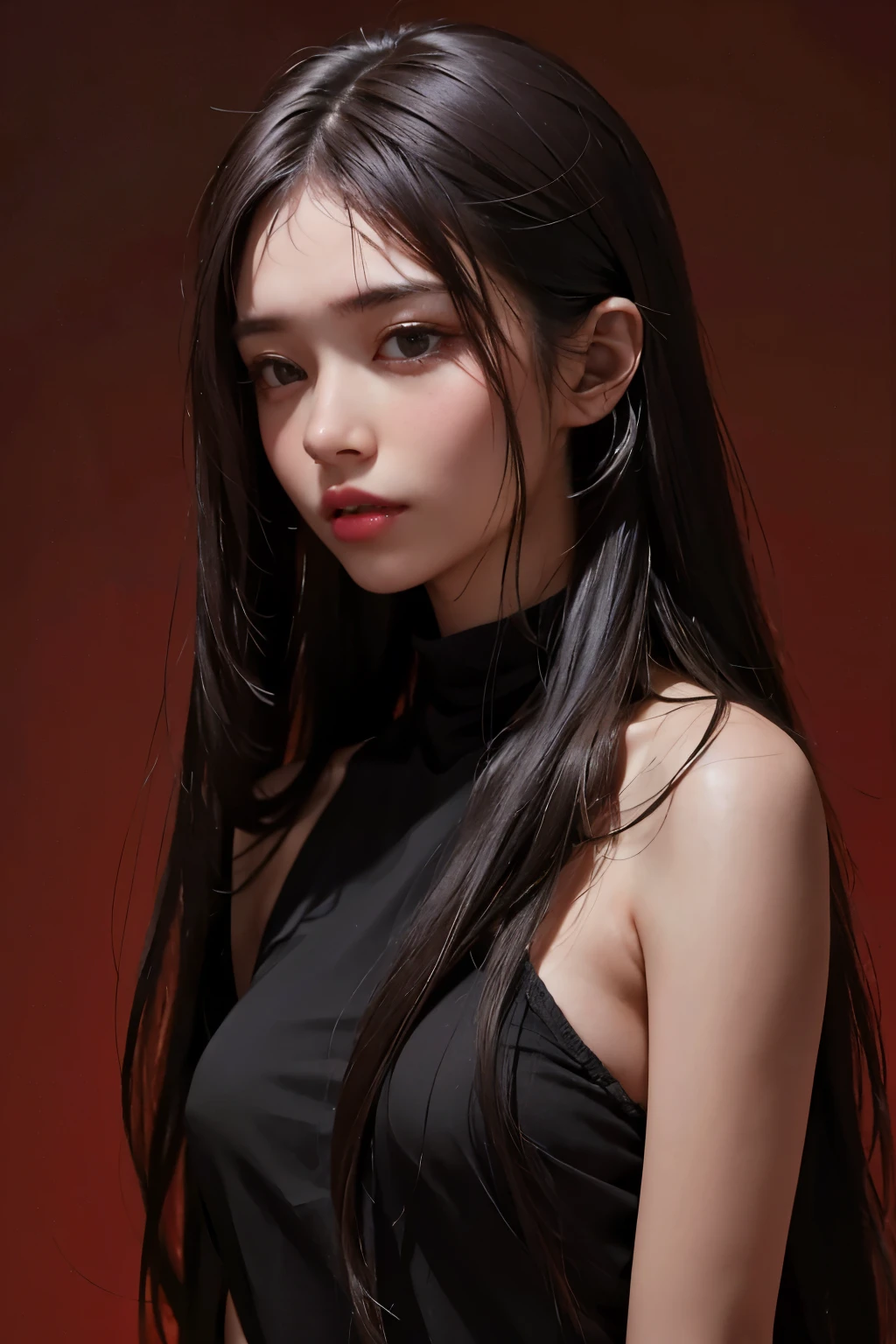 a 20 yo woman,long hair,dark theme, soothing tones, muted colors, high contrast, (natural skin texture, hyperrealism, soft light, sharp),red background,simple background,