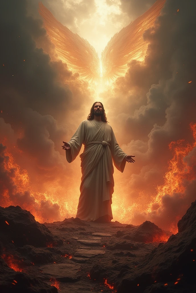 Apostle John prostrating himself before an angel of fire