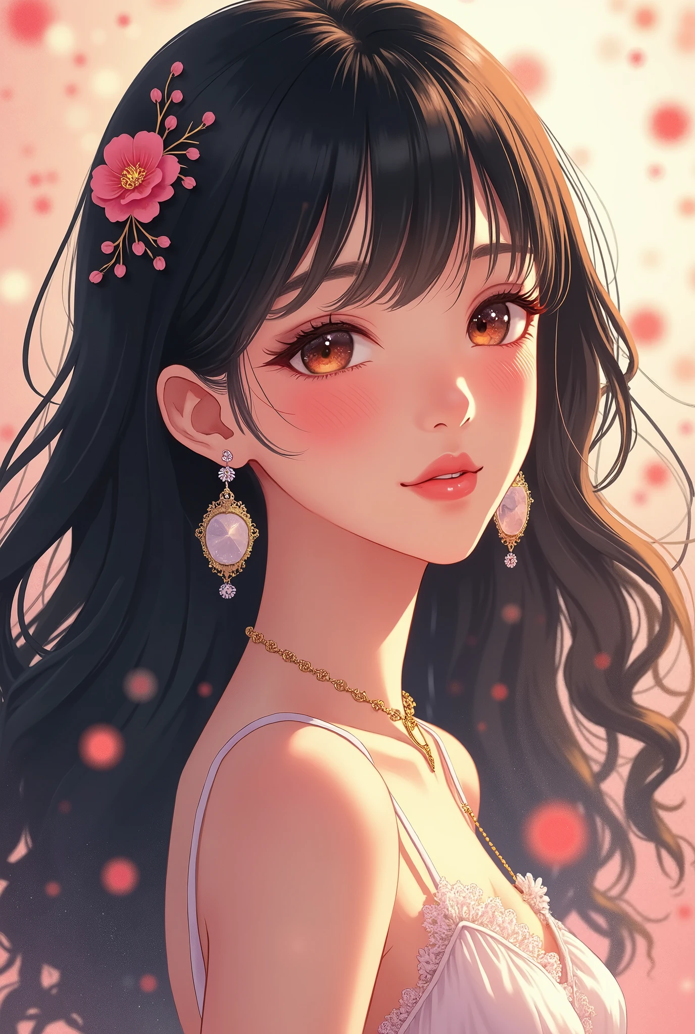  black hair, Gentle temperament,  smile dress,  earrings,  necklace, The most beautiful girl in the model world, The cutest face, lace up hair ,  anime illustration art, 