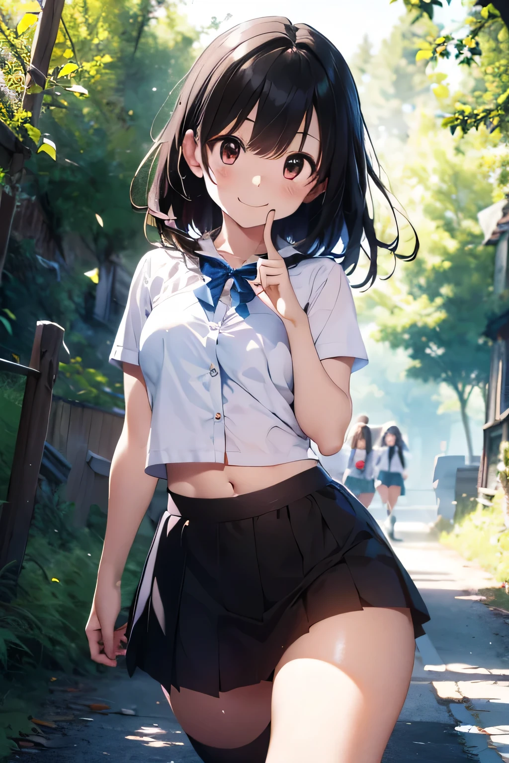 (extremely high quality artwork), (extremely detailed CG 8k), (masterpiece) ,(extremely cute girl), short, (innocent face), ((innocent smile)), shiny hair, (slim body), small breasts, ((beautiful detailed eyes)), brown eyes, (clear eyes), (eyes with brightness), correct finger shape, correct number of fingers, look at viewer, (school uniform), (short skirt), (sagging skirt), midriff peek, navel-baring, (thighs), beautiful skin, pale skin, shiny skin, (bright color), vibrant colors, uninhabited forest, natural light, (glare),