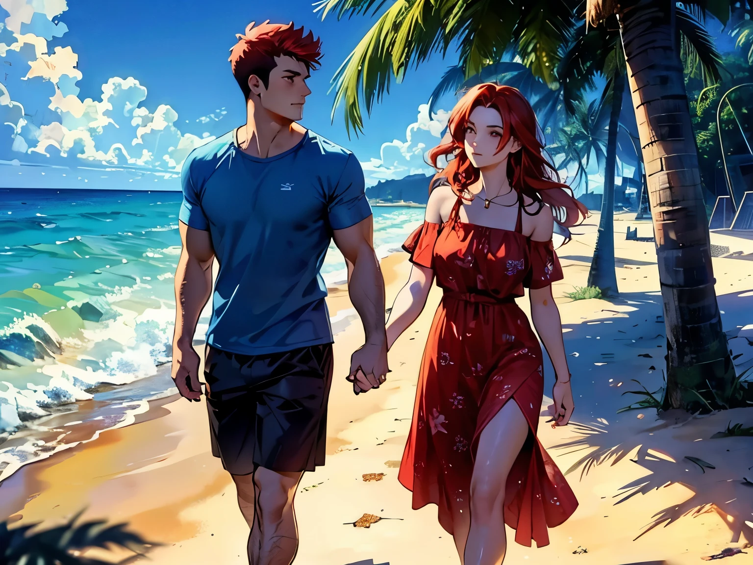 Muscular guy with red hair and red eyes walks hand in hand with brown hair, blue eys adult girl. They walk together at the dawning beach. The guy is dressed in a blue unbuttoned shirt with palm beach print and black long shorts. The girl is dressed in a long yellow dress. The guy is watching at the girl's eyes. The sky is pink and orange colors.   