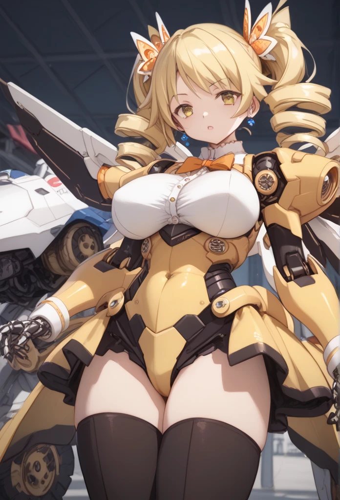 Puella Super Robot,Mami Tomoe, blonde hair, drill hair, twin drills, yellow eyes, large breasts,,   MECHA-HUGE-ARMS、 MECHA-WINGS , MECHA-QUAD-LEGS、Yellow reverse joint real robot 、 white and yellow flower pattern cannon on right shoulder