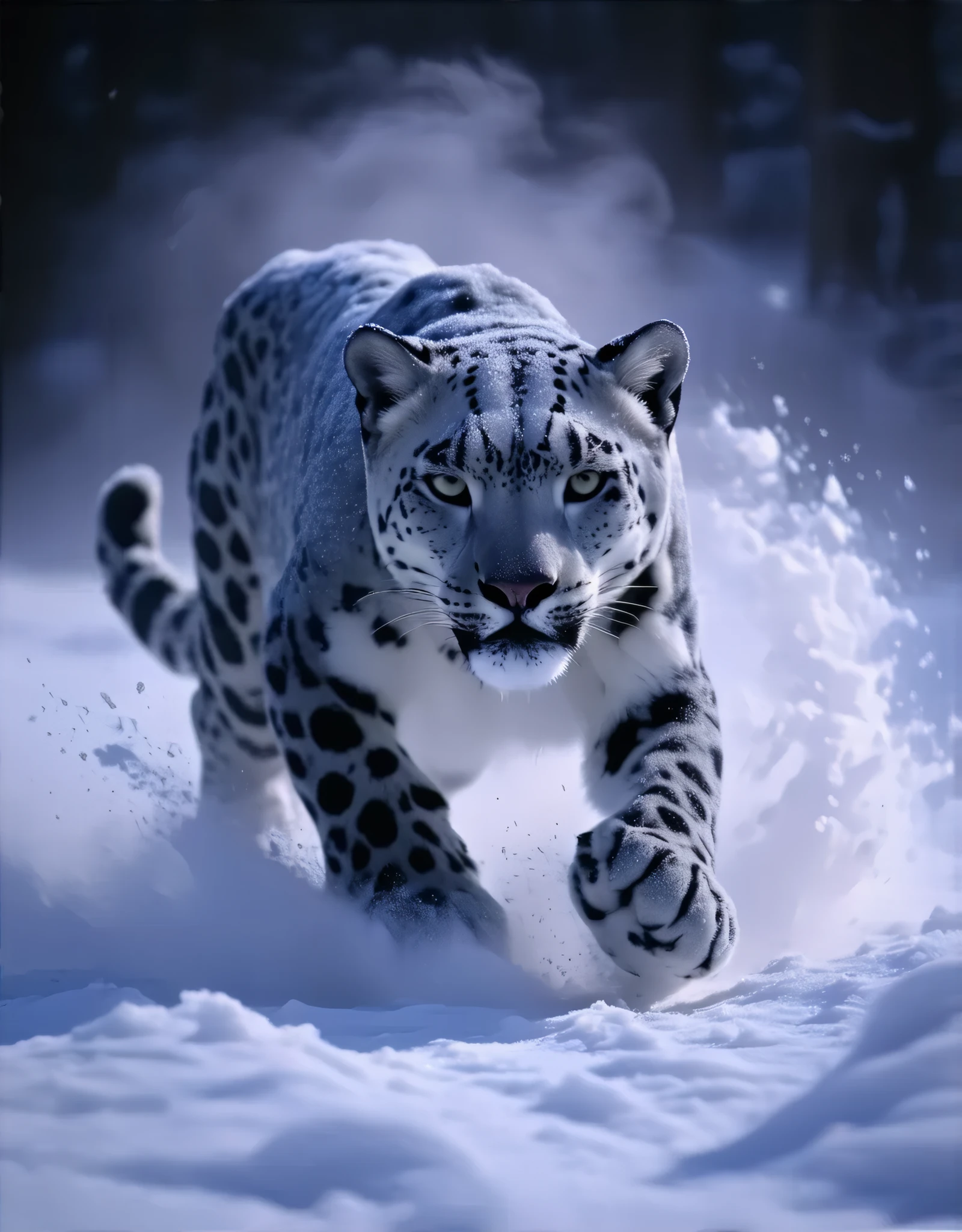 (8k, top quality, Masterpiece , Final Fantasy Style: 1.2),Atmospheric perspective, 8K, Very detailed, A snowy field on a quiet night, A snowy field at a quiet night, a snow leopard wearing pure white winter fur, A snow leopard furiously leaping towards its prey, keen eyes, dynamic, ferocious, murderous, Moonlit night, clear air, night fog, sparkling ice particles in the air, , The sky turns eerily purple