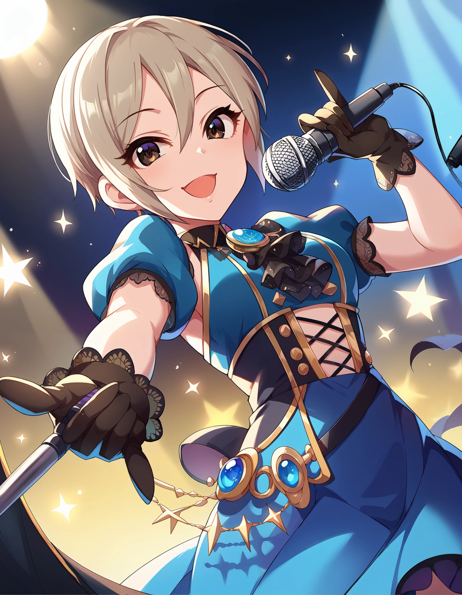 score_9,score_8_up,score_7_up, 1 girl ,Alone, Cowboy Shot ,smile, open mouth,looking at viewer, STAGE LIGHT ,  holding microphone,
cgsyk  ,
 gray hair , short hair, hair between eyes, dark eyes,
 blue dress, puff sleeve, Black Gloves 