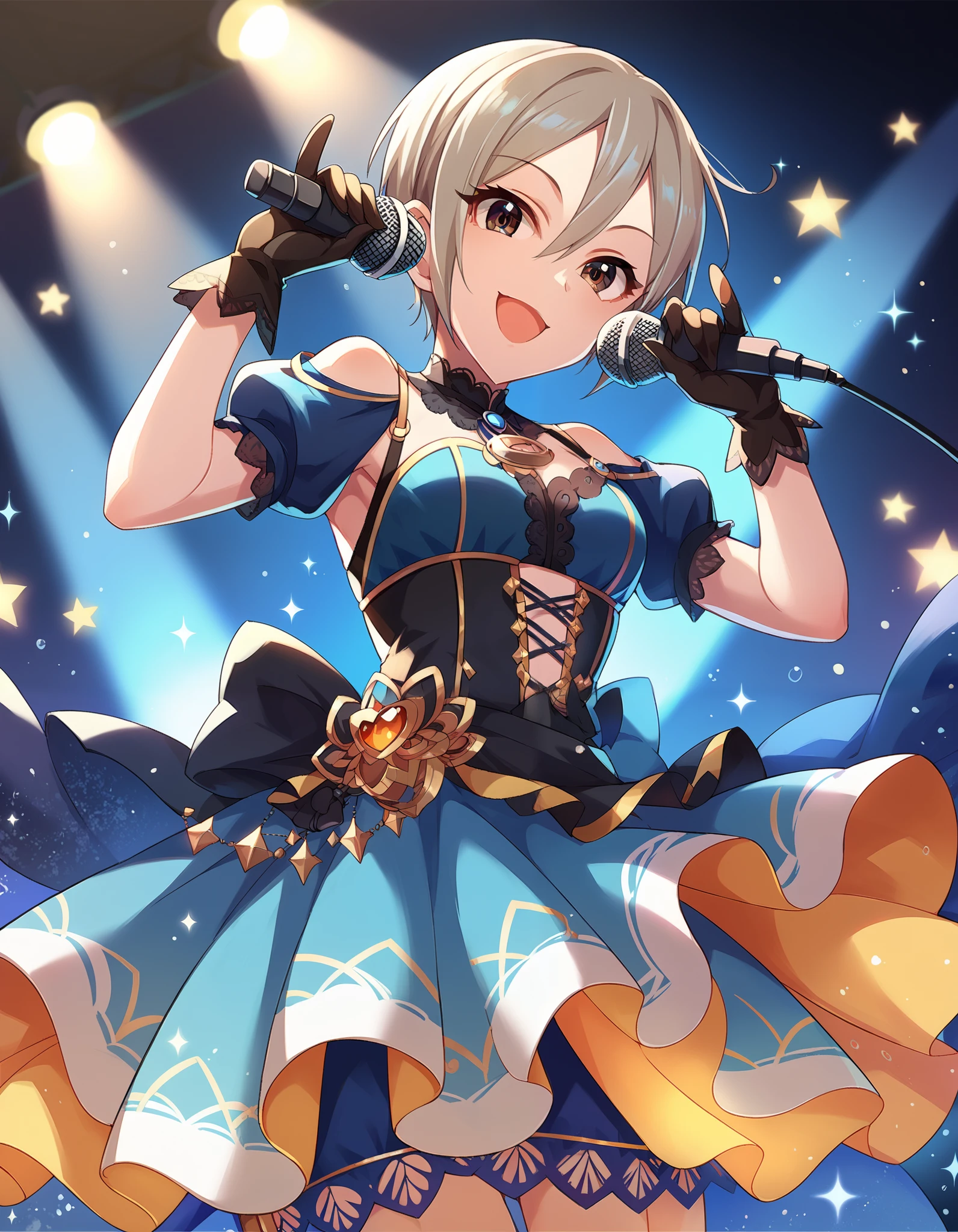 score_9,score_8_up,score_7_up, 1 girl ,Alone, Cowboy Shot ,smile, open mouth,looking at viewer, STAGE LIGHT ,  holding microphone,
cgsyk  ,
 gray hair , short hair, hair between eyes, dark eyes,
 blue dress, puff sleeve, Black Gloves 