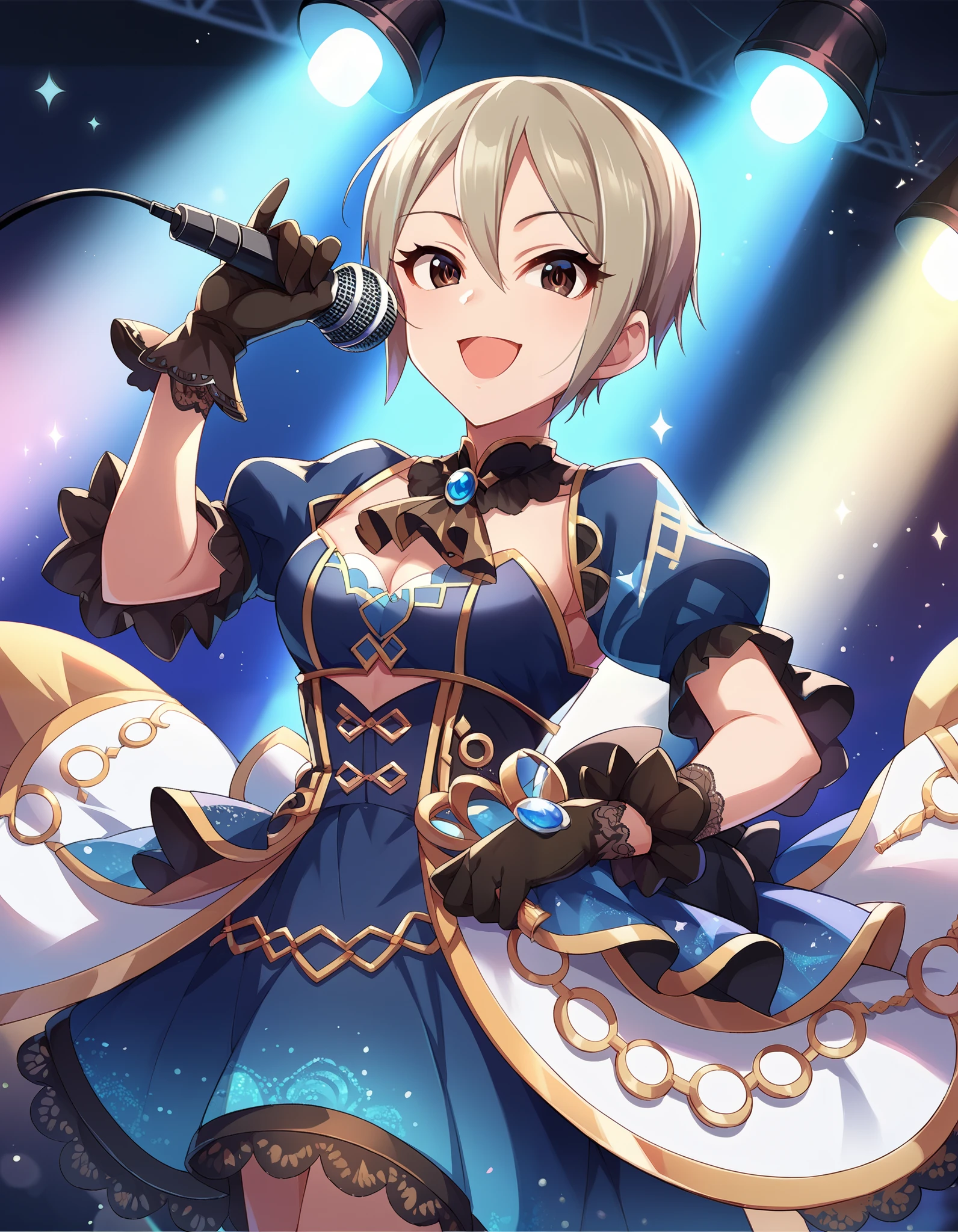 score_9,score_8_up,score_7_up, 1 girl ,Alone, Cowboy Shot ,smile, open mouth,looking at viewer, STAGE LIGHT ,  holding microphone,
cgsyk  ,
 gray hair , short hair, hair between eyes, dark eyes,
 blue dress, puff sleeve, Black Gloves 