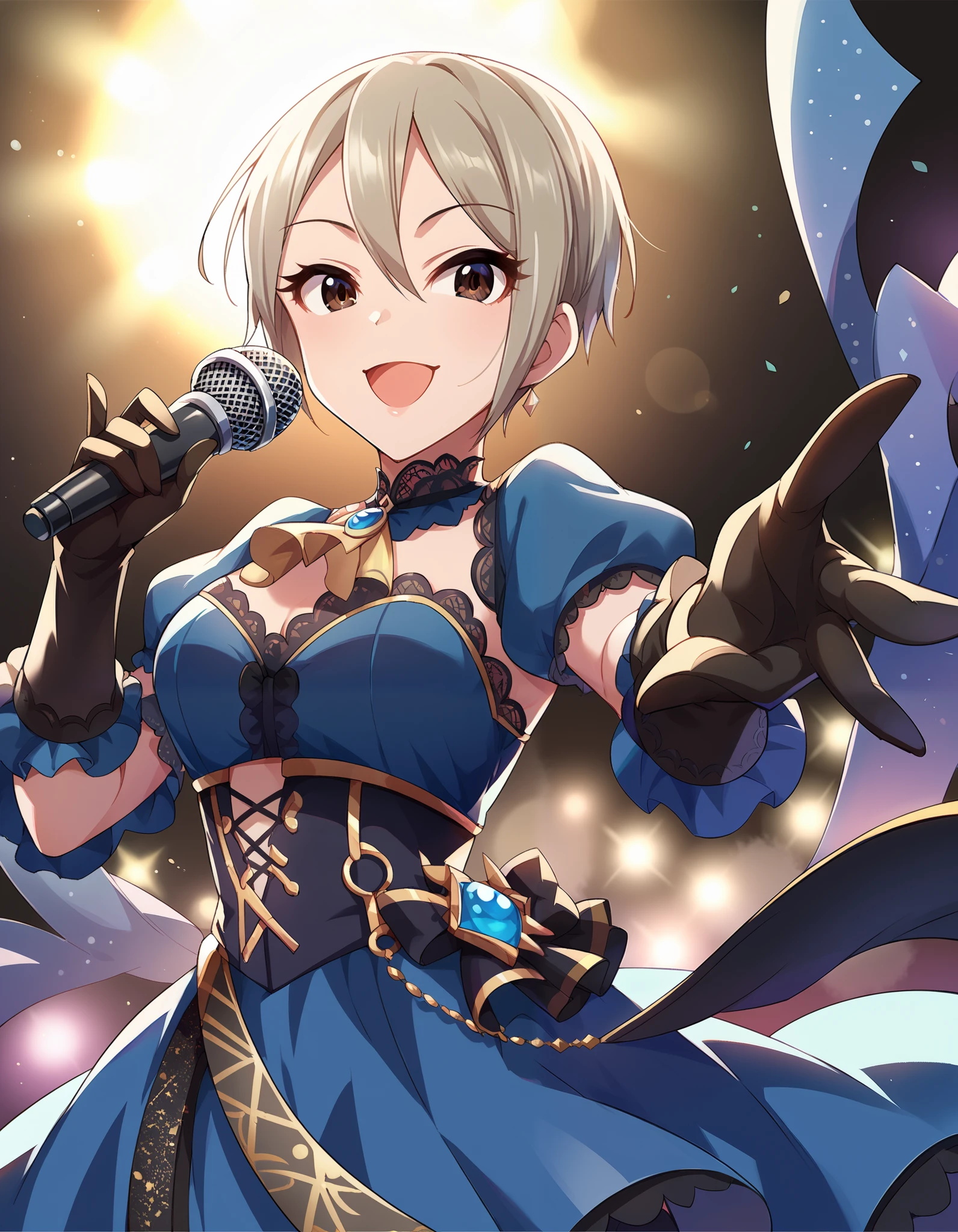 score_9,score_8_up,score_7_up, 1 girl ,Alone, Cowboy Shot ,smile, open mouth,looking at viewer, STAGE LIGHT ,  holding microphone,
cgsyk  ,
 gray hair , short hair, hair between eyes, dark eyes,
 blue dress, puff sleeve, Black Gloves 