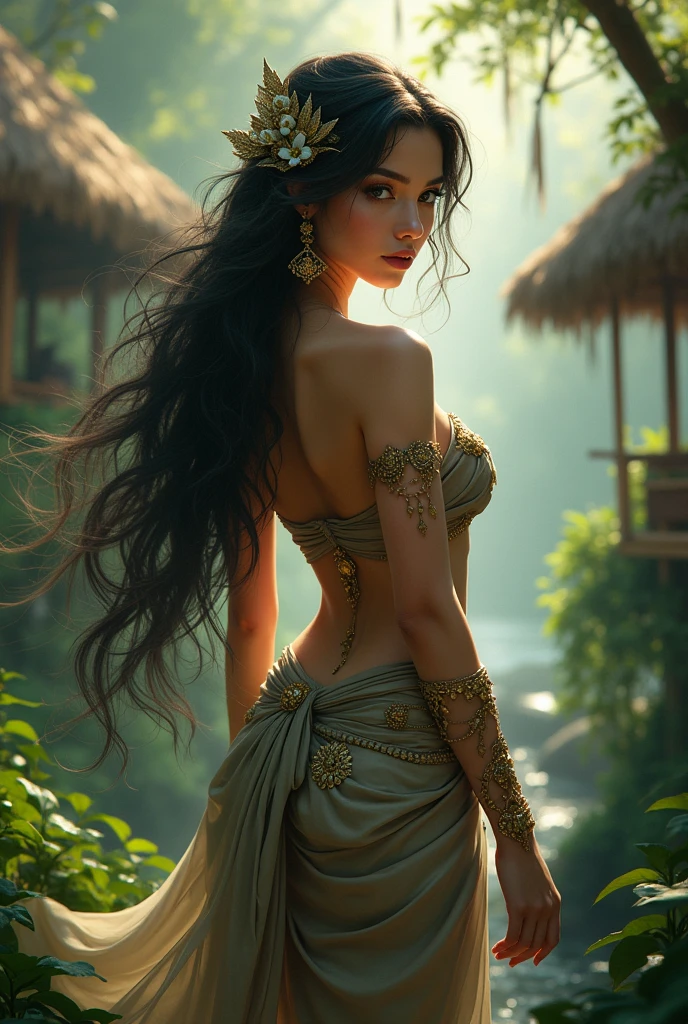 ((best quality)), (detailed), (vivid color), Jaguar in jungle, beautiful Mayan woman, looking over her shoulder, HDR, 4K, 3D, ray tracing, digital art