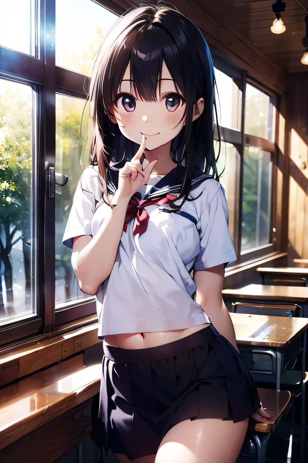 (extremely high quality artwork), (extremely detailed CG 8k), (masterpiece) ,(extremely cute girl), short, (innocent face), ((innocent smile)), shiny hair, (slim body), small breasts, ((beautiful detailed eyes)), brown eyes, (clear eyes), (eyes with brightness), correct finger shape, correct number of fingers, look at viewer, (school uniform), (short skirt), (sagging skirt), midriff peek, navel-baring, (thighs), beautiful skin, pale skin, shiny skin, (bright color), vibrant colors, uninhabited forest, natural light, (glare),