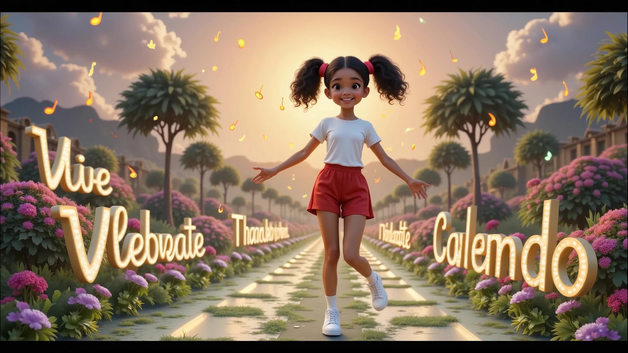 A , 11yo, 11y, 11  y, girl age of life: 11, 11 anos de idade,  dances gracefully as if performing a waltz in red shorts along a bright path surrounded by lush gardens of vibrant flowers. The path is lined with positive and uplifting words such as “Life”, “Celebrate” and “Thank You”, which seem to grow from the ground like enchanted plants. Countless musical notes float and dance in the air, filling the scene with an atmosphere of joy and magic. Alice’s footsteps leave a trail of brilliant light, transforming the space around her into a magical spectacle.