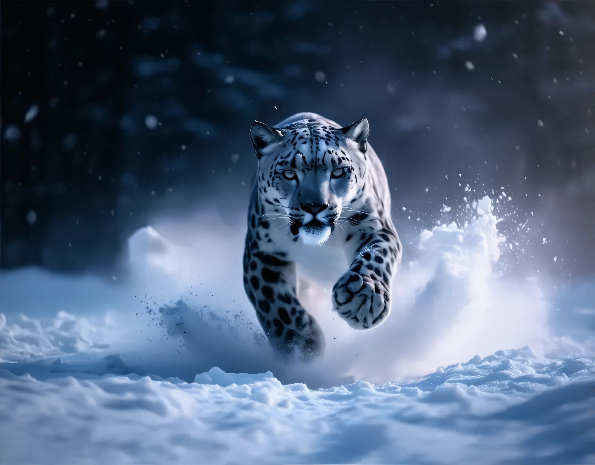 (8k, top quality, Masterpiece , Final Fantasy Style: 1.2),Atmospheric perspective, 8K, Very detailed, A snowy field on a quiet night, A snowy field at a quiet night, a snow leopard wearing pure white winter fur, A snow leopard furiously leaping towards its prey, keen eyes, dynamic, ferocious, murderous, Moonlit night, clear air, night fog, sparkling ice particles in the air, , The sky turns eerily purple