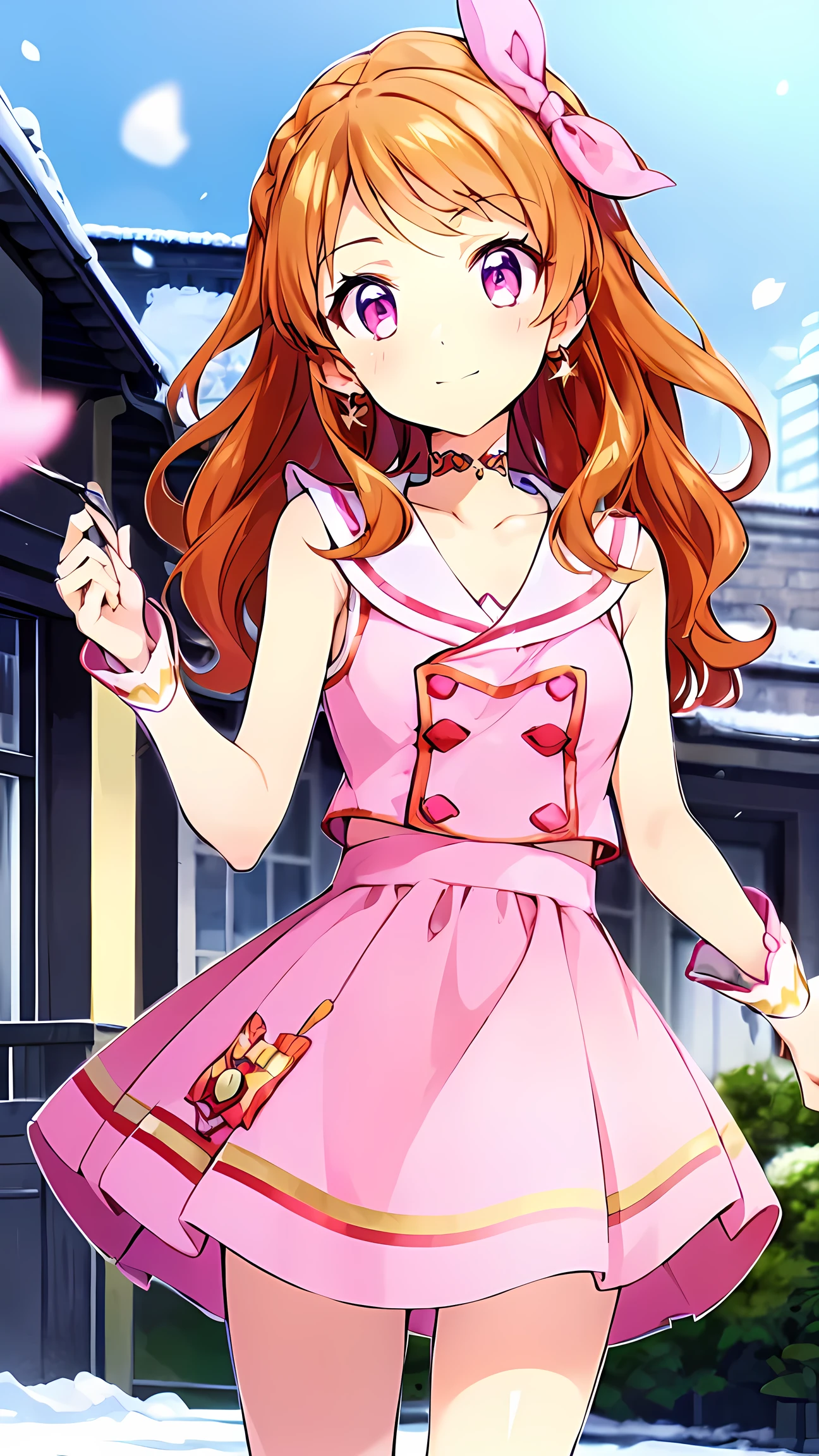  orange hair，One person， pink ribbon，Akari Ozora，((masutepiece)), ((Best Quality)), (Ultra-detailed), anime style ，Idol Academy ，consider，Aikatsu characters， Official Anime Item ， breast size is c cup，With a snowy night in the background，8k，4K，16k， high school idol ，Photo Collection，Face is front，Anime Coloring Book，She is 155 cm tall.， ichigo hoshimiya，Be aware of only the color scheme Giantess ， the best smile I can only show you，A scene from an anime，Natural skin color，Make the outline line natural，Clear Filters ，Clumsy  but hard work ，Workmanship not visible in the illustration