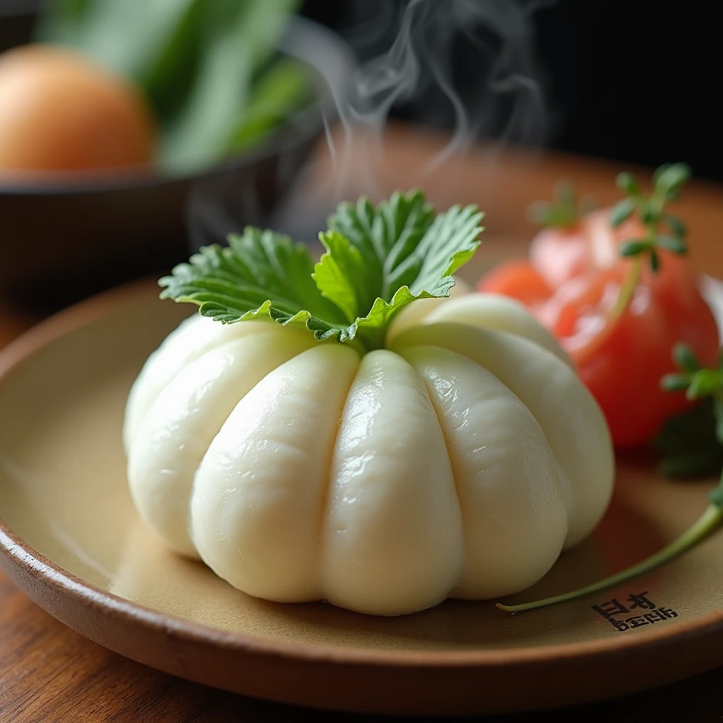 (masterpiece, top quality, very detailed depiction, Incredible Hi-Res,Photographic images),White Radish Shaped Bun , looks delicious, steam , Green Leaves 