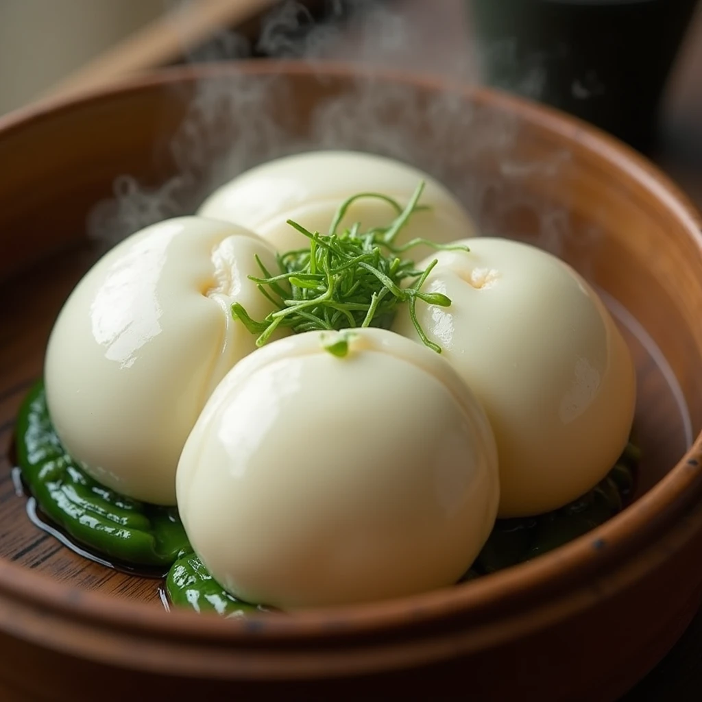 (masterpiece, top quality, very detailed depiction, Incredible Hi-Res,Photographic images),White Radish Shaped Bun , looks delicious, steam , Green Leaves 