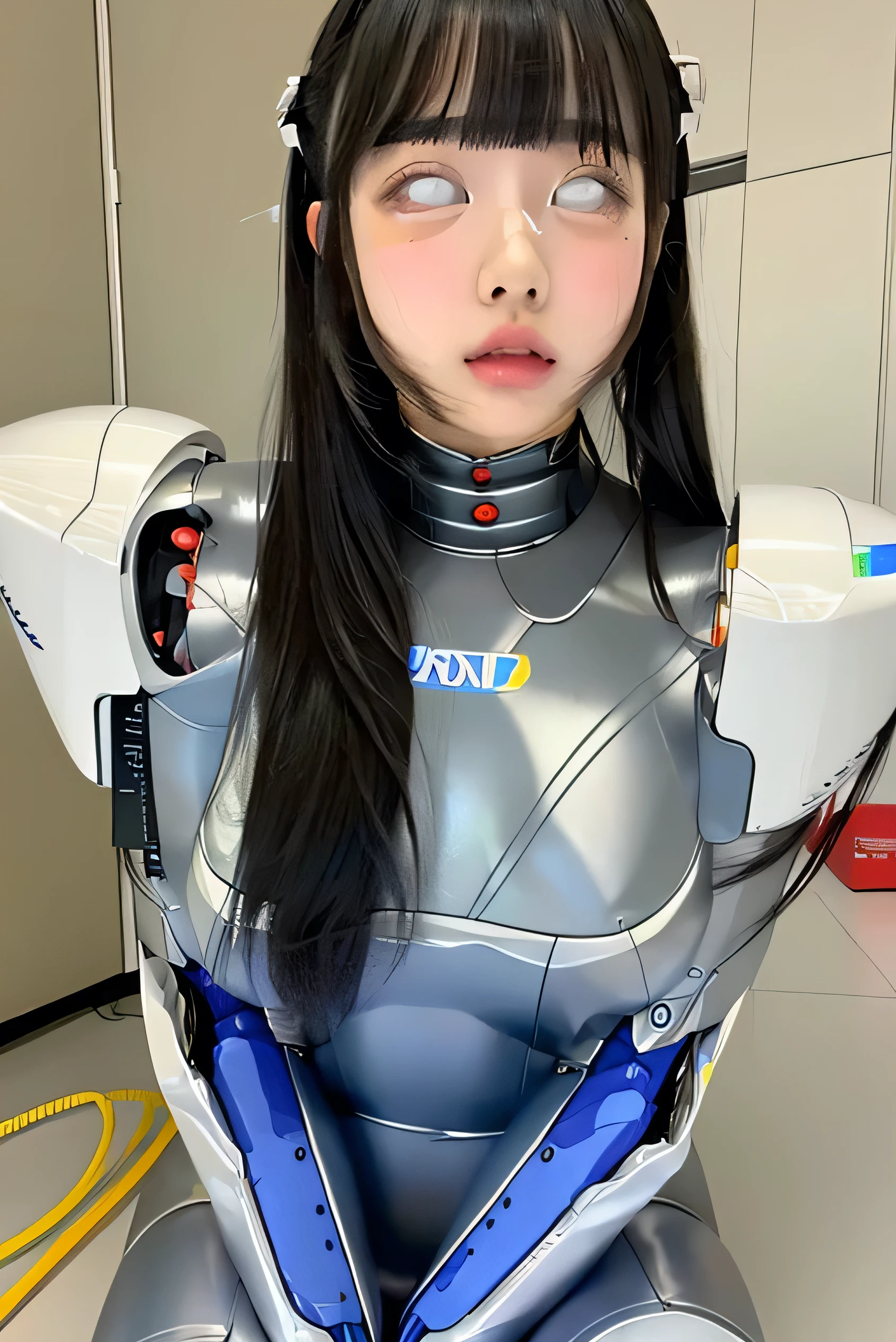 masterpiece, best quality, extremely detailed,portrait,front view,Japaese android girl,Plump, control panels,android,Droid,Mechanical Hand, Robot arms and legs,Blunt bangs,long tube,thick cable connected her neck,shirome