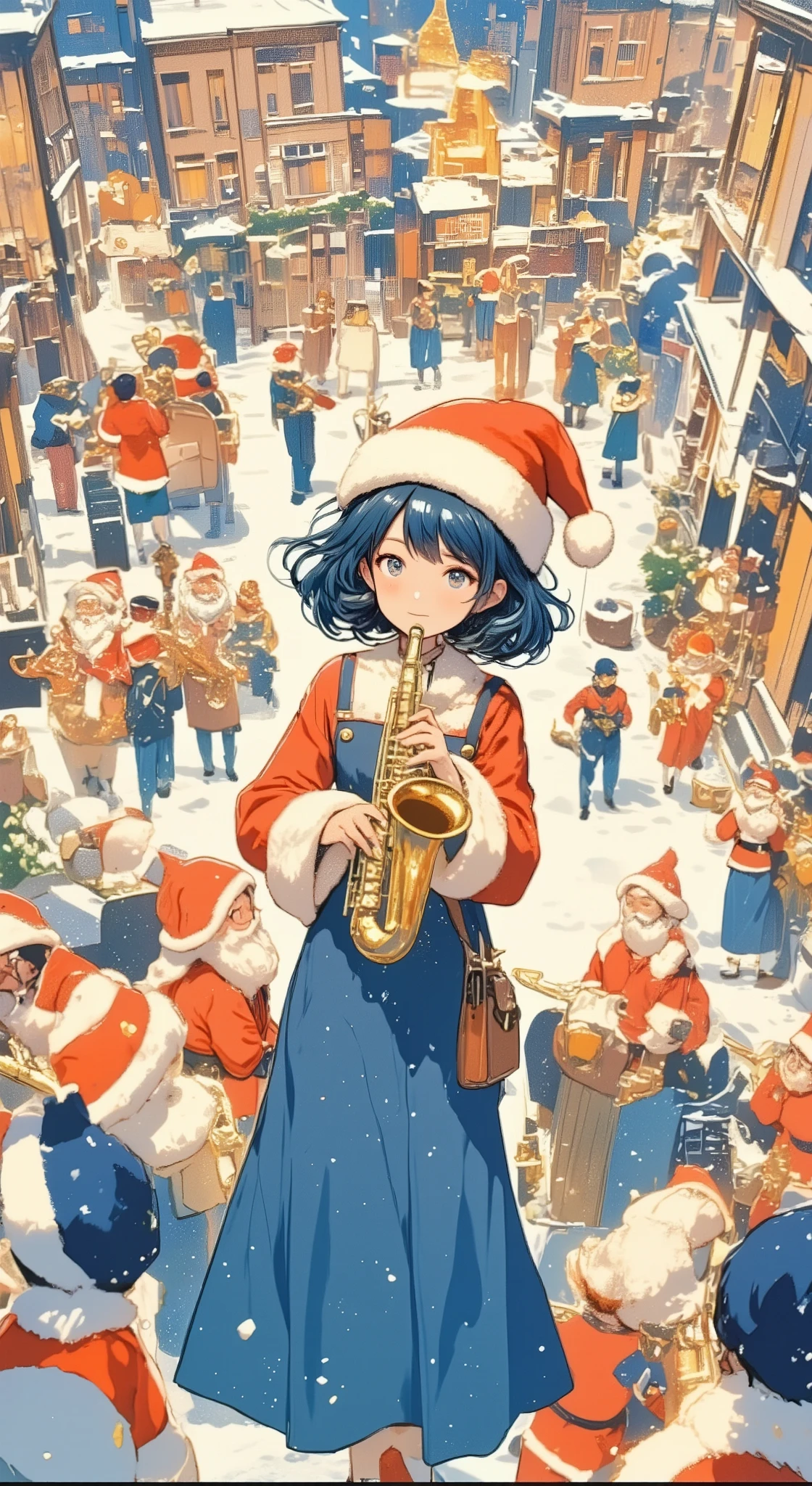 Group of street musicians dressed as Santa Claus playing music on the street, Jazzy and intense sound like Dizzy Gillespie, Europe, Apple Pie Scent, Yorkshire tea, Assosiation, dodger blue illustration, egyptian blue illustration, aroma, Universe, oriental blue illustration, for you, Christmas illustration, ultramarine illustration, beautiful lady, Stylish scenery and view, Illustration with cornflower blue as the main color, Bristol, Xmas illustration, village, royal blue illustration