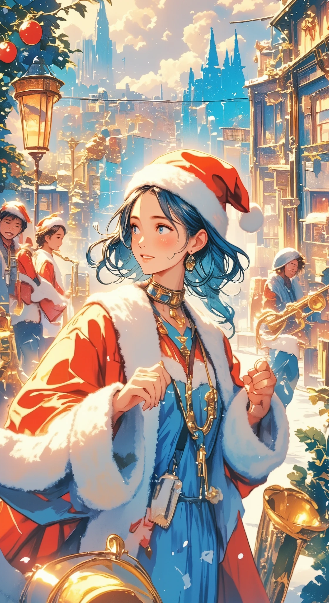 Group of street musicians dressed as Santa Claus playing music on the street, Jazzy and intense sound like Dizzy Gillespie, Europe, Apple Pie Scent, Yorkshire tea, Assosiation, dodger blue illustration, egyptian blue illustration, aroma, Universe, oriental blue illustration, for you, Christmas illustration, ultramarine illustration, beautiful lady, Stylish scenery and view, Illustration with cornflower blue as the main color, Bristol, Xmas illustration, village, royal blue illustration