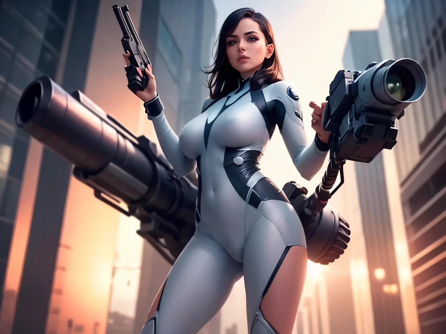 Best quality, realistic, beauty woman, shooting pose, holding big gun, looking camera, full body, futuristic transparan suit, naked, futuristic world, hi-tech background