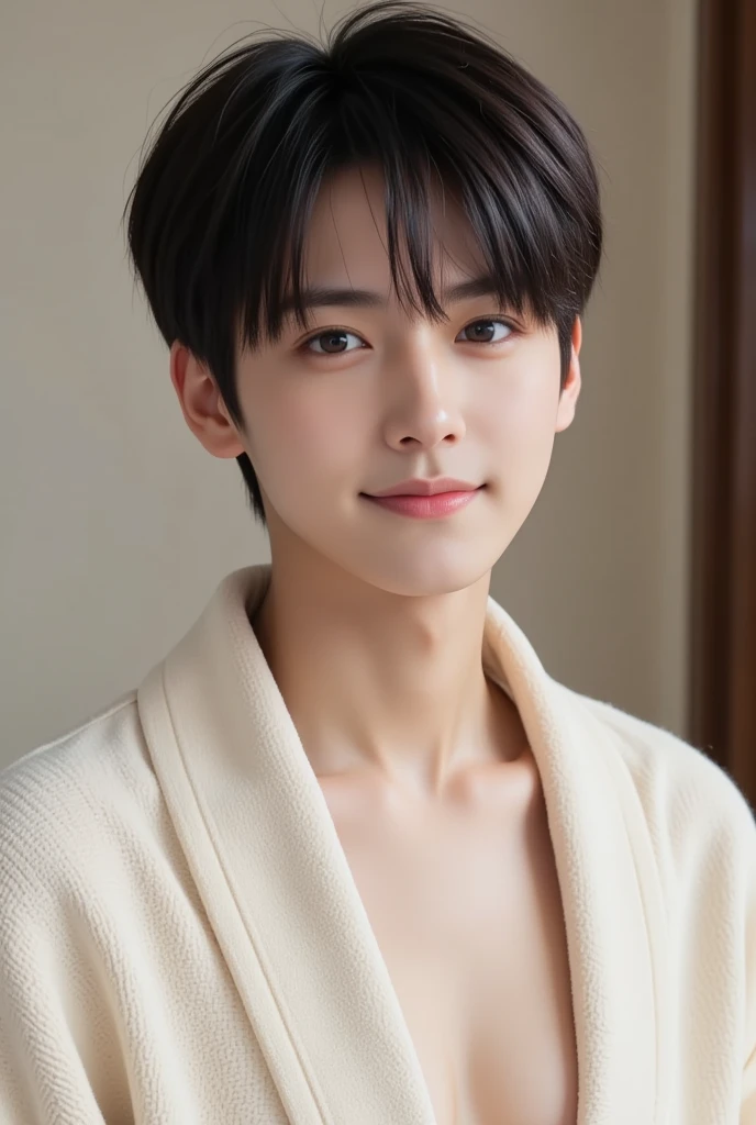 handsome mix korean japanese ten year old, boy, short black hair, black detailed eyes, gentle smile, sharp eyebrows, round face, cool, detailed face, small nose, in beige bathrobe, facing left side