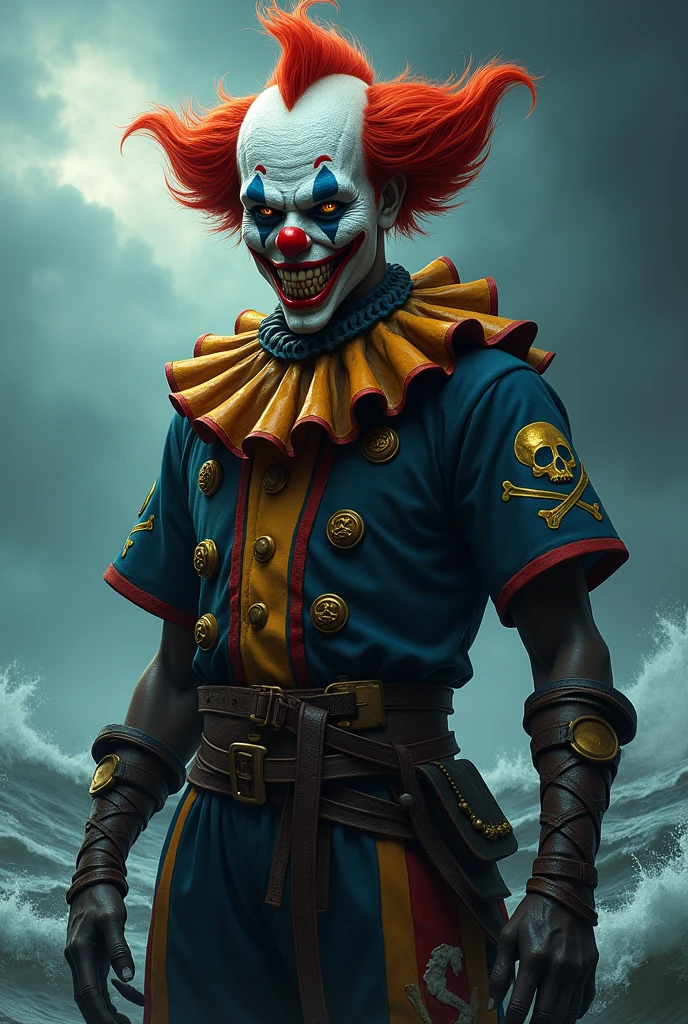 masterpiece, best quality, extremely detailed, hyperrealistic, photorealistic, a cool 40s man, ultra detailed face, clown makeup, red pirate hat, white skin, red nose, long hair, blue hair:1.2, city, in the night, nightmarish, mystical fog, smoke, destroyed city, walking, laughing:1.1, eye closed:1.1